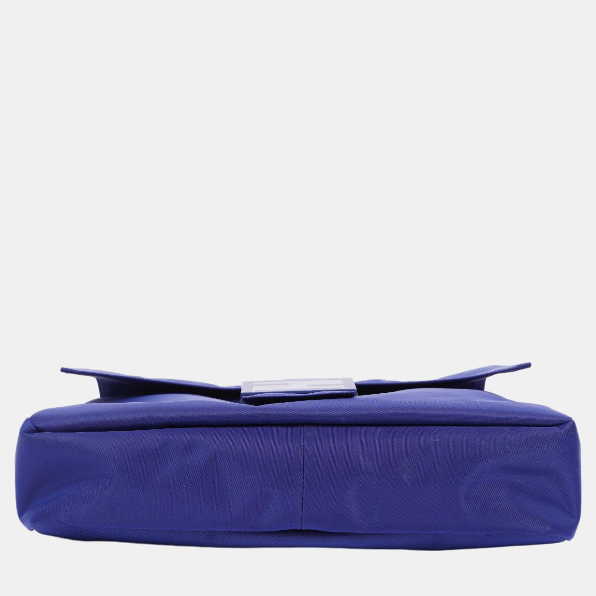 Fendi Baguette Messenger Bag Blue Nylon Large
