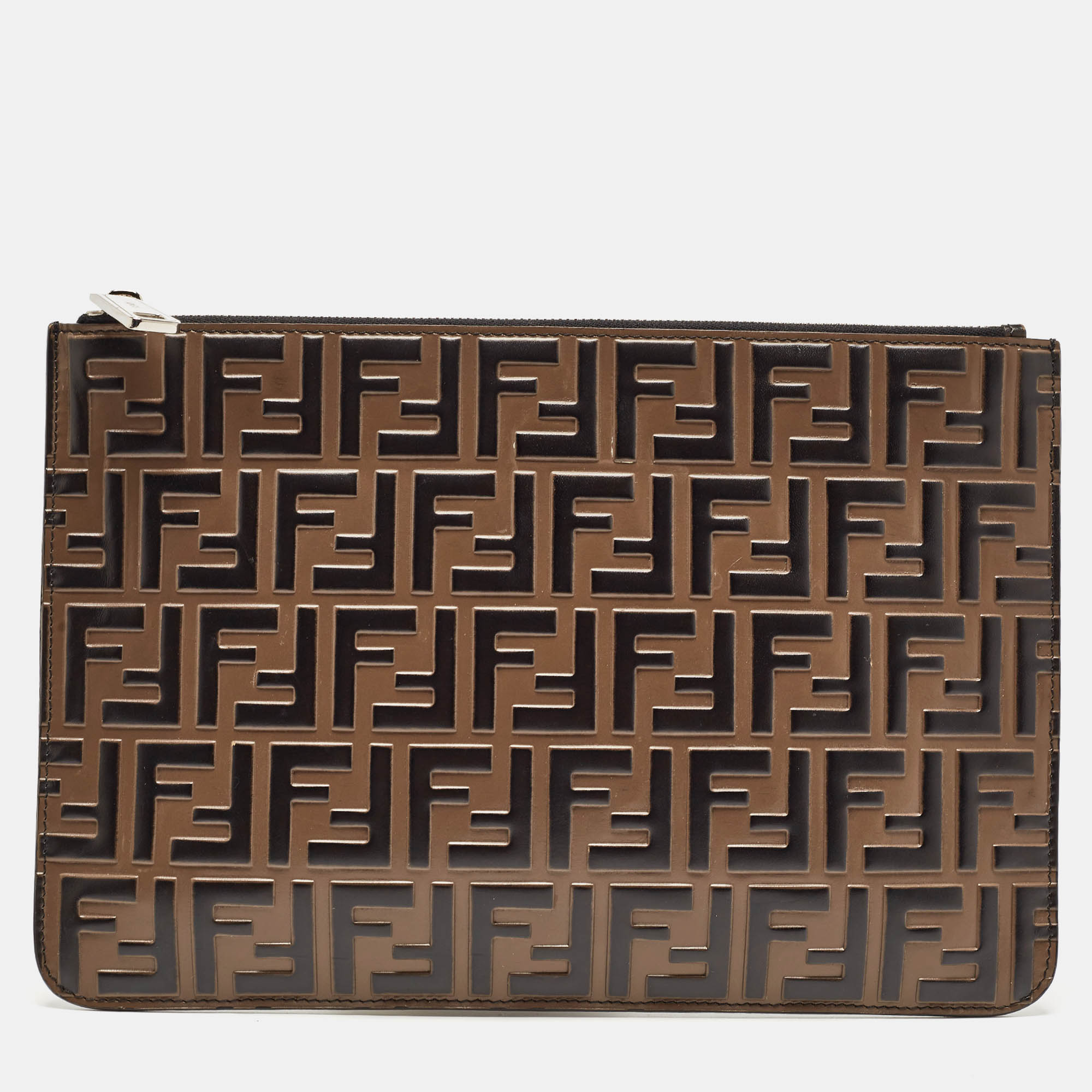 

Fendi Tobacco/Black Zucca Embossed Leather Zip Pouch, Brown