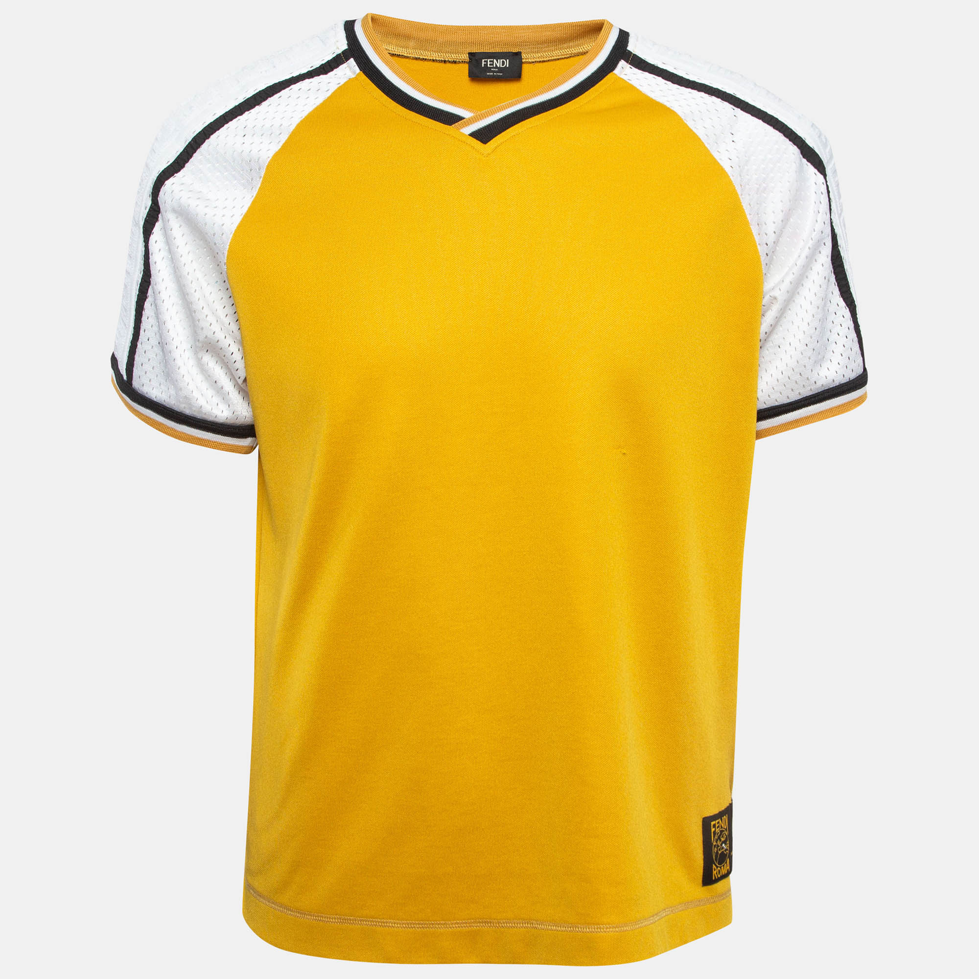 Fendi yellow mesh trim jersey v-neck half sleeve t-shirt s