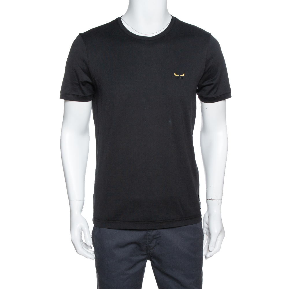 Image of Fendi Black Cotton Bag Bugs Motif Embroidered Crew Neck T-Shirt M
