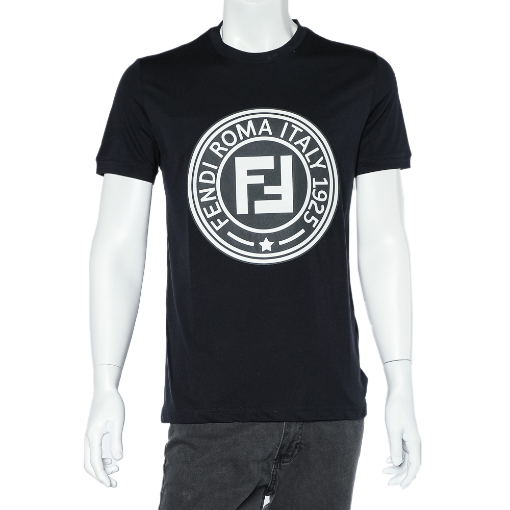 Fendi Navy Blue Logo Printed Cotton Knit Crewneck T-Shirt M