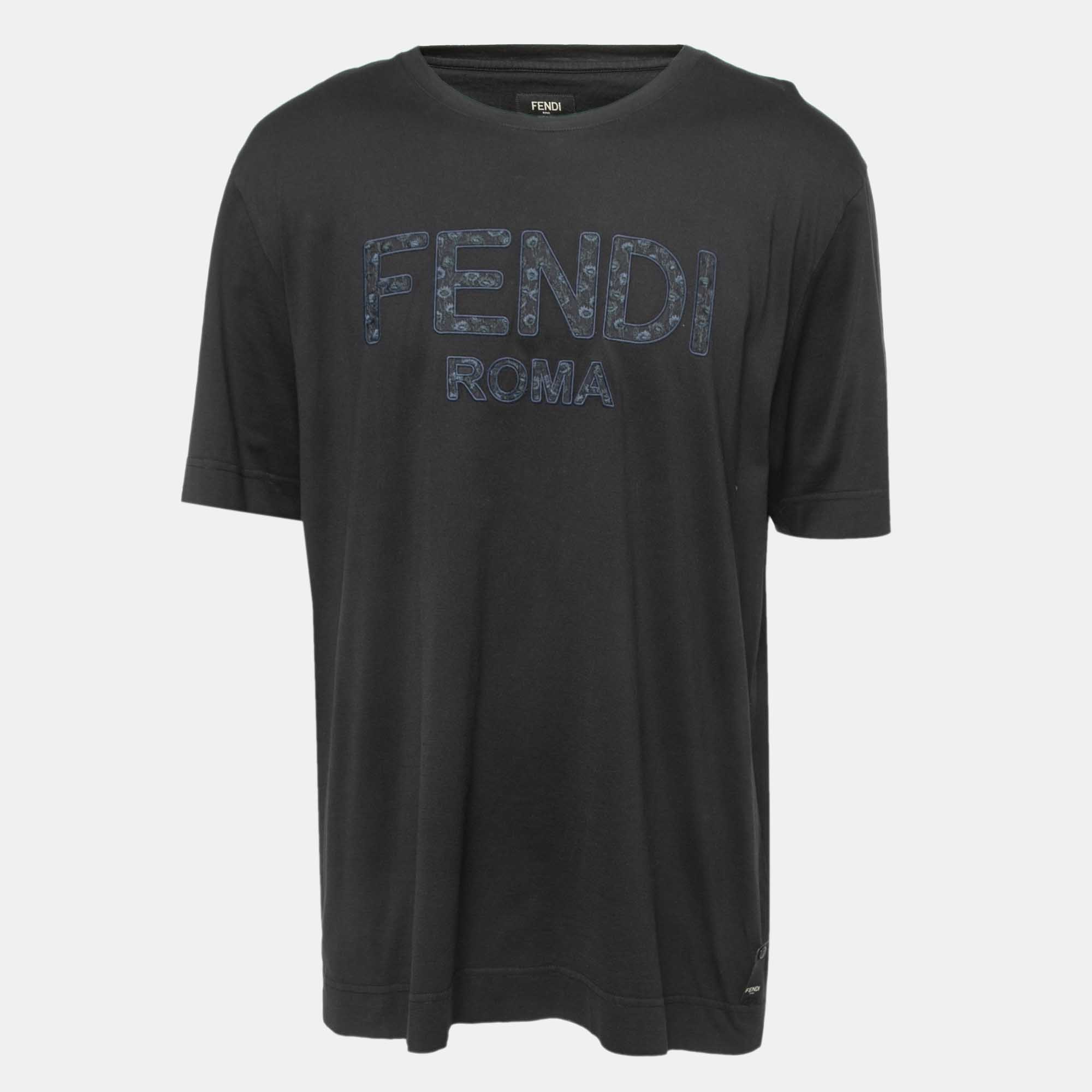 Fendi Black Logo Embroidered Cotton Half Sleeve T-Shirt XXL