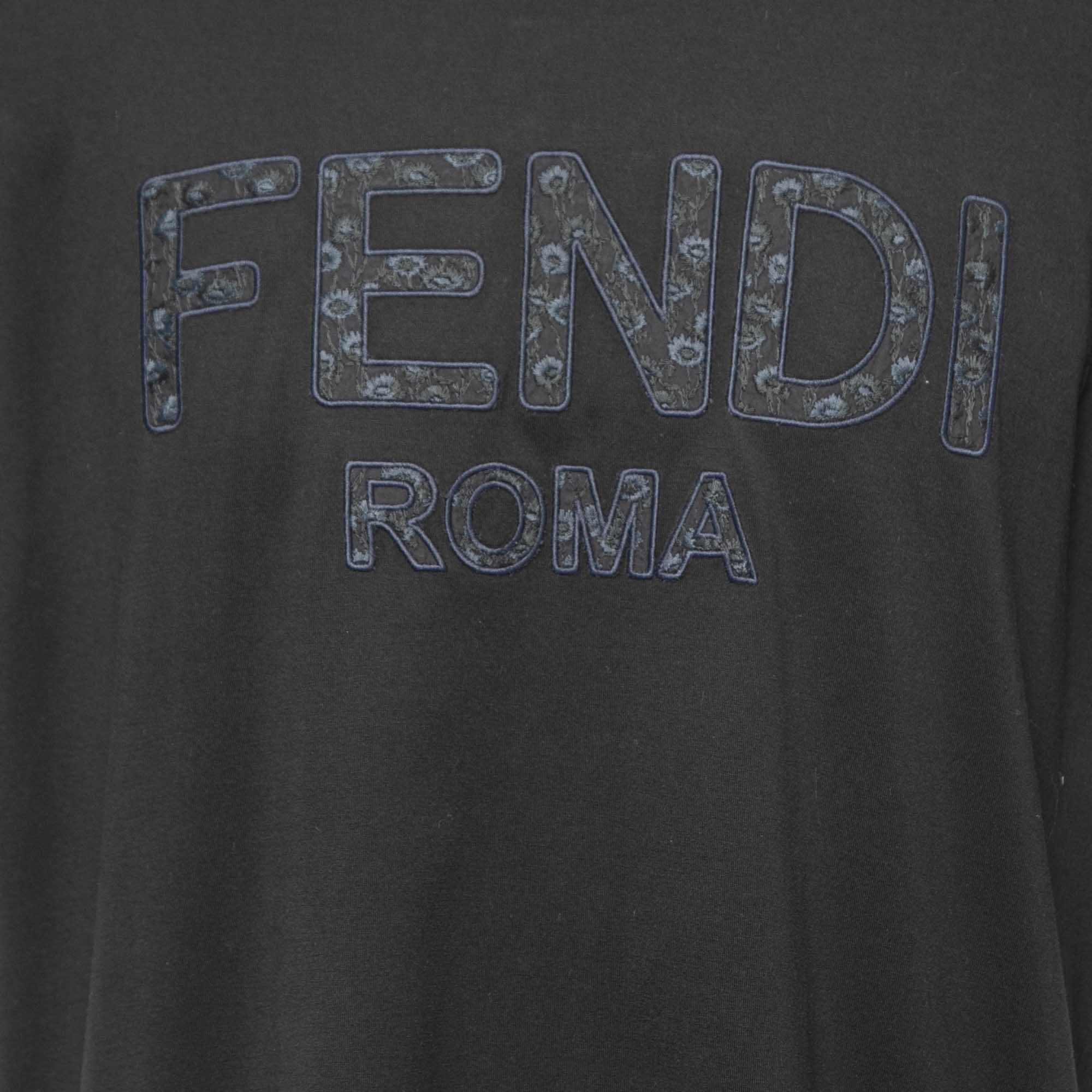 Fendi Black Logo Embroidered Cotton Half Sleeve T-Shirt XXL