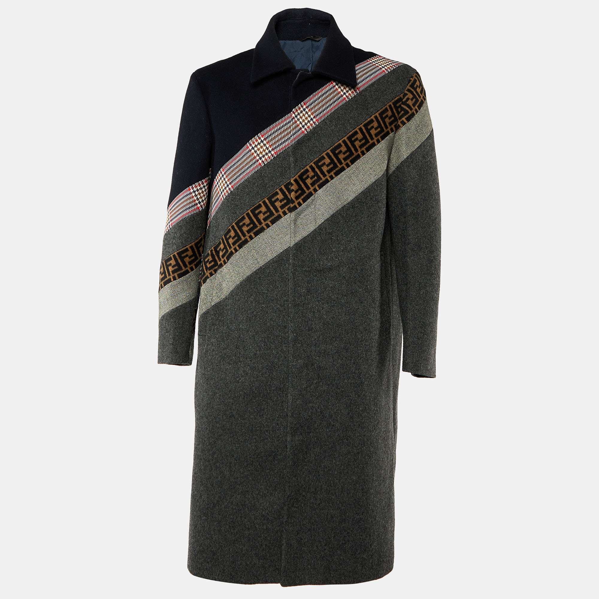Fendi Grey FF Paneled Wool Mid Length Coat L