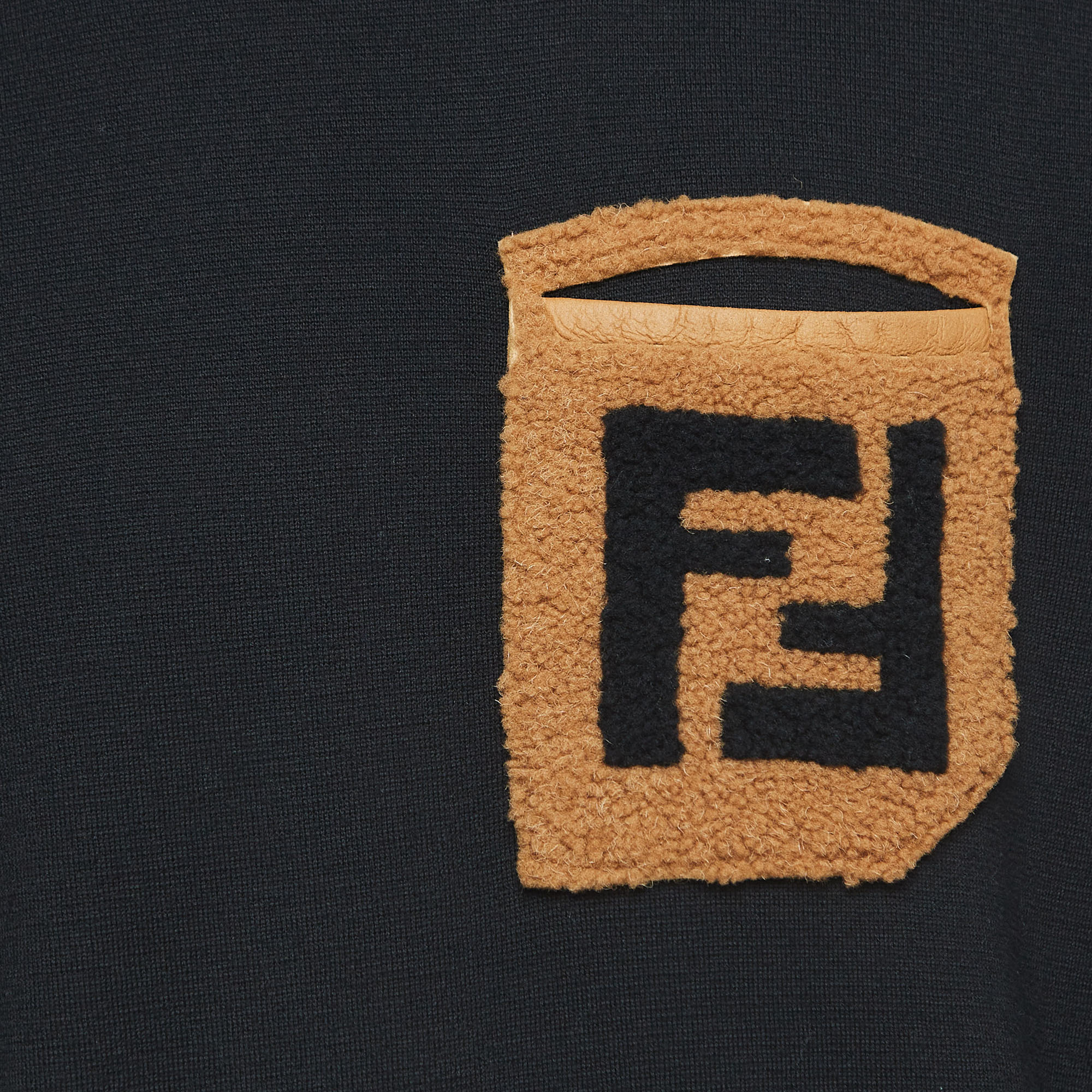 Fendi Black Wool Logo Fur Pocket Detail Pullover L