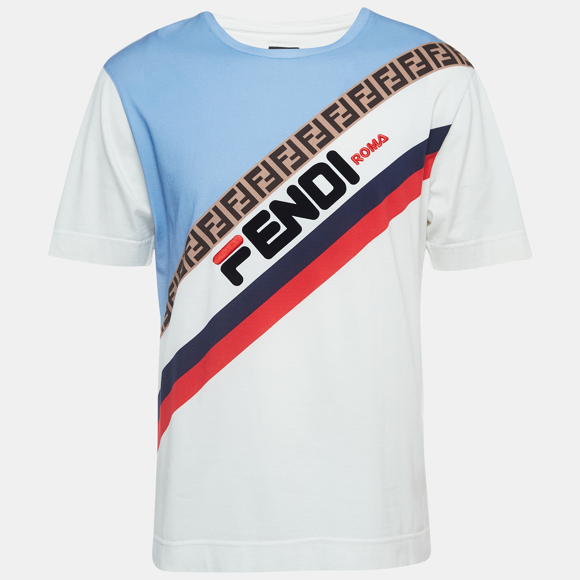 Fendi Multicolor Diagonal Striped Logo Print Cotton T-Shirt M