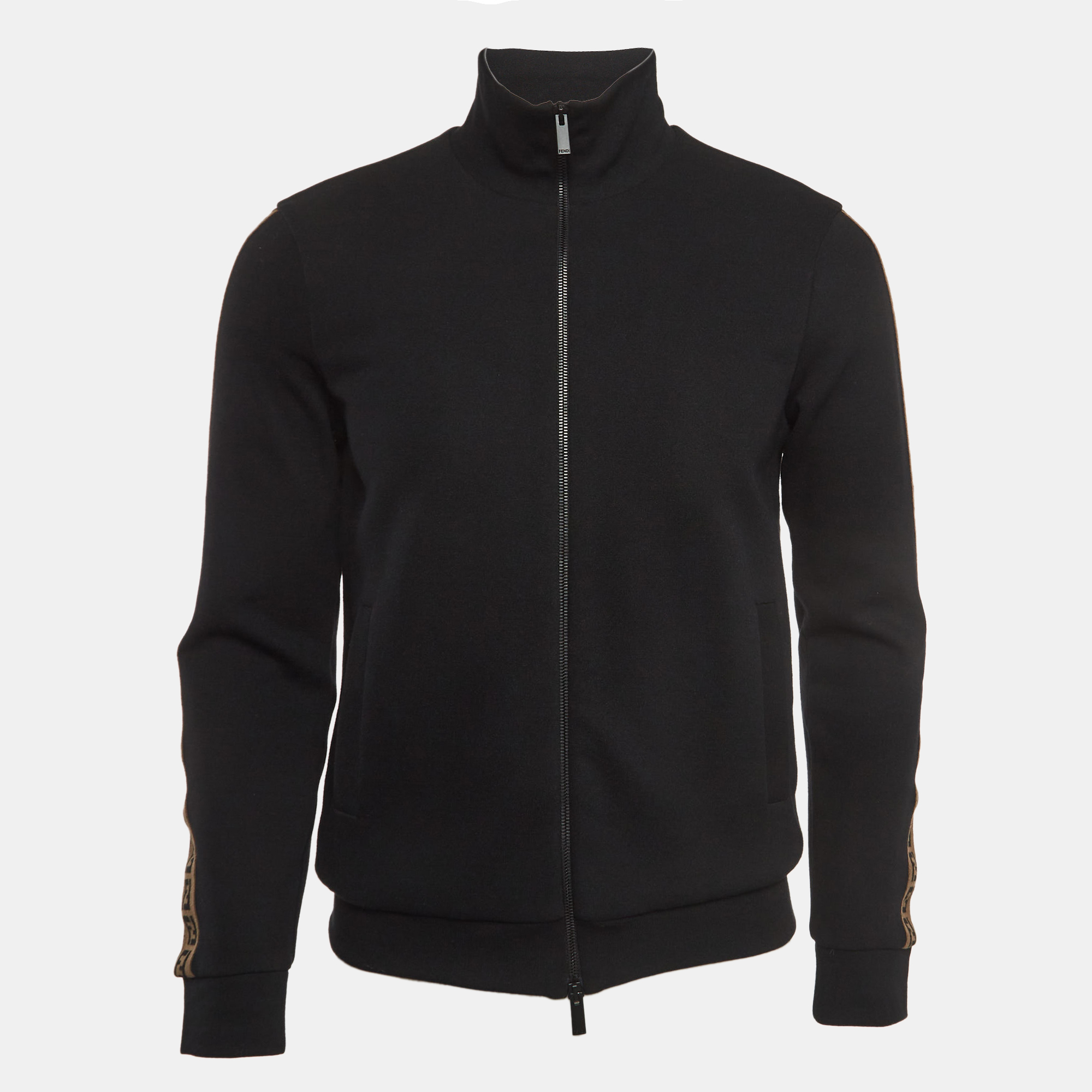 Fendi Black Knit Side Logo Tape Zip Front Jacket XS