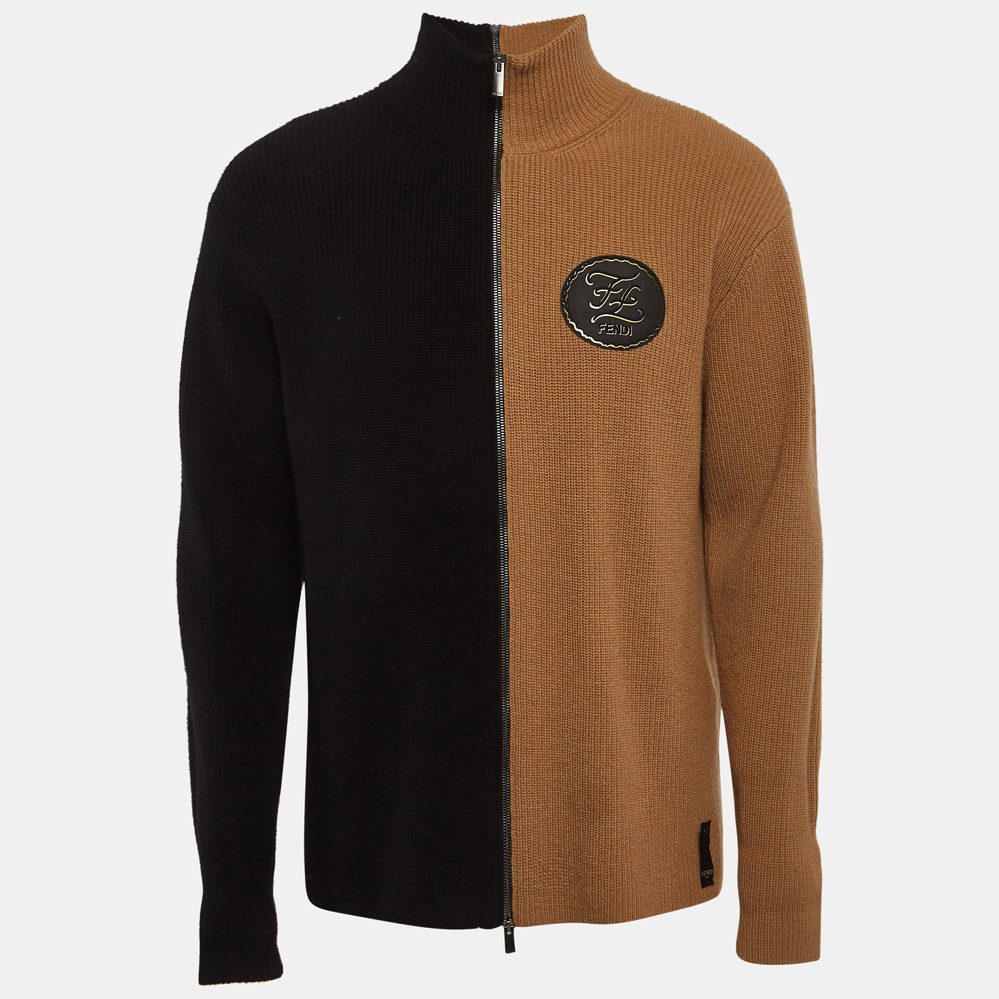 

Fendi Beige/Black Rib Knit Applique Detail Double Zipper Sweater