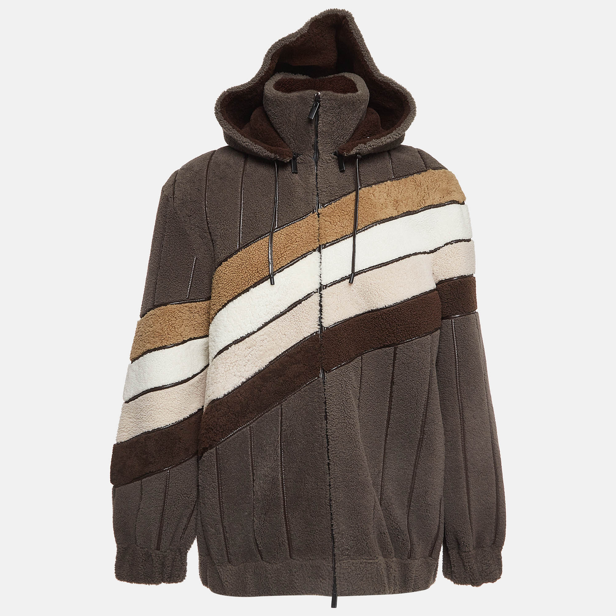 Fendi multicolor wool and leather detachable hood bomber jacket m