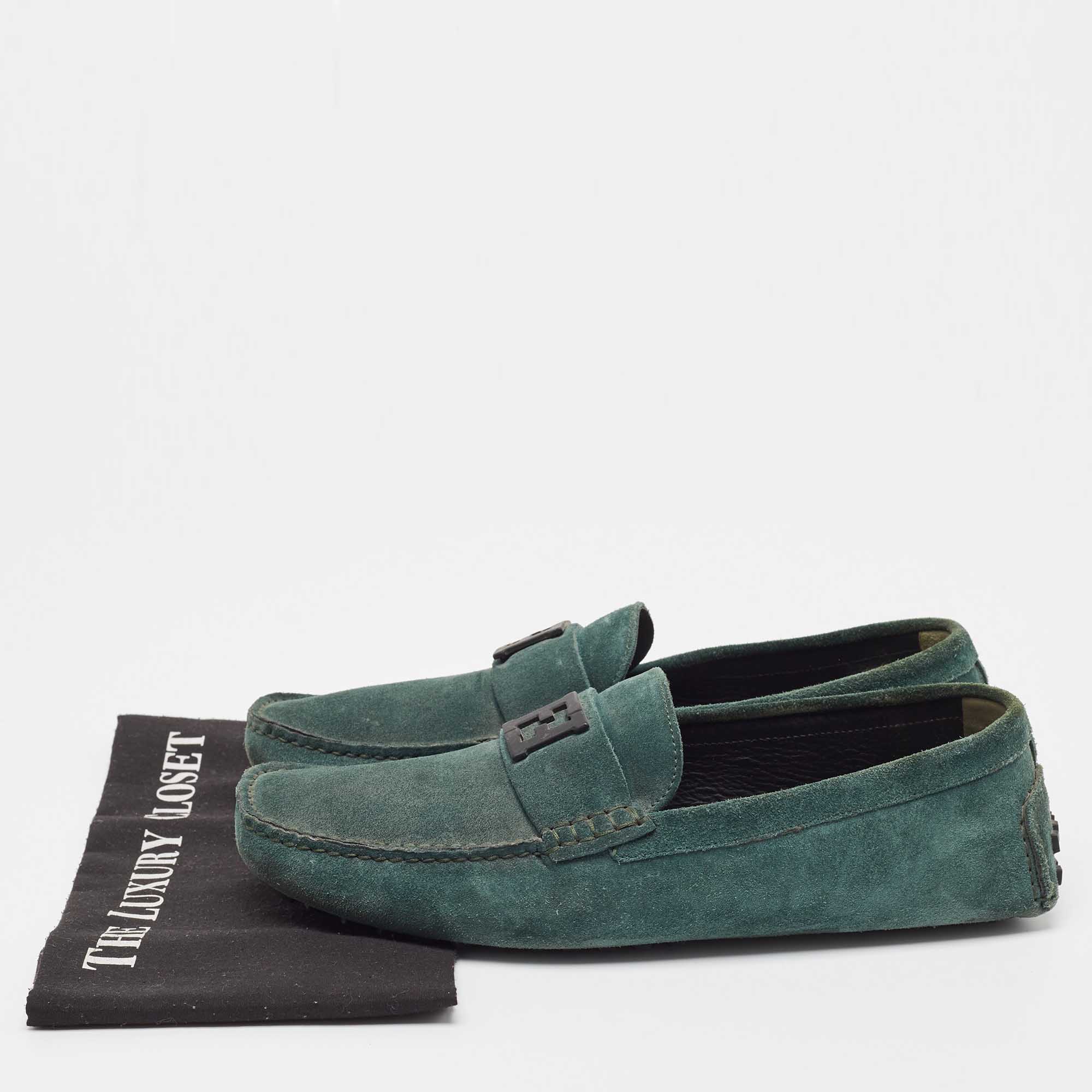 Fendi Dark Green Suede FF Slip On Loafers Size 44