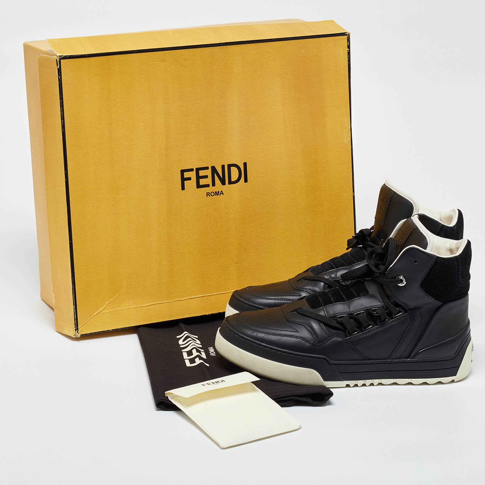 Fendi Black Leather And Suede Tank High Top Sneakers Size 40