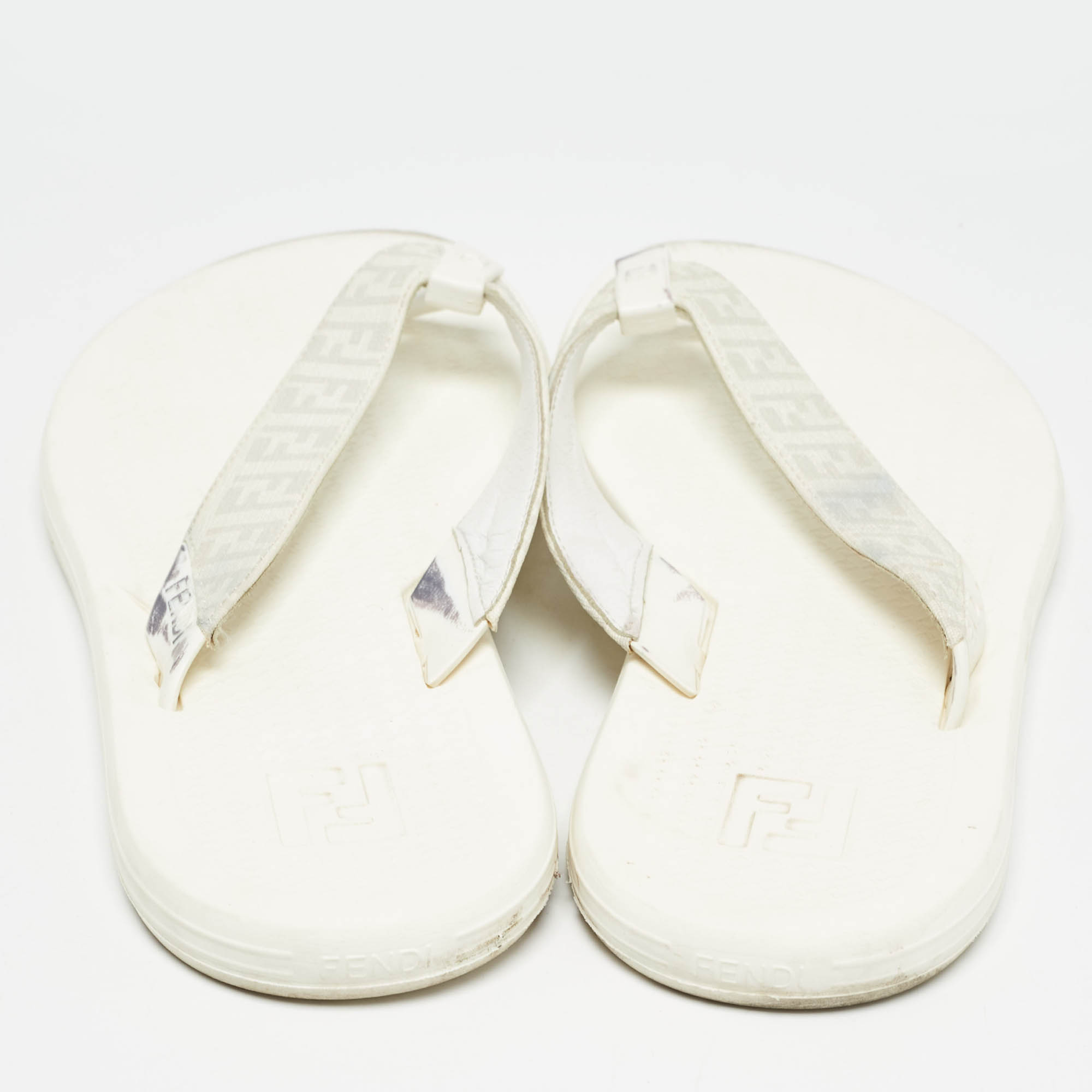 Fendi White Zucca Coated Canvas Thong Sandals Size  45