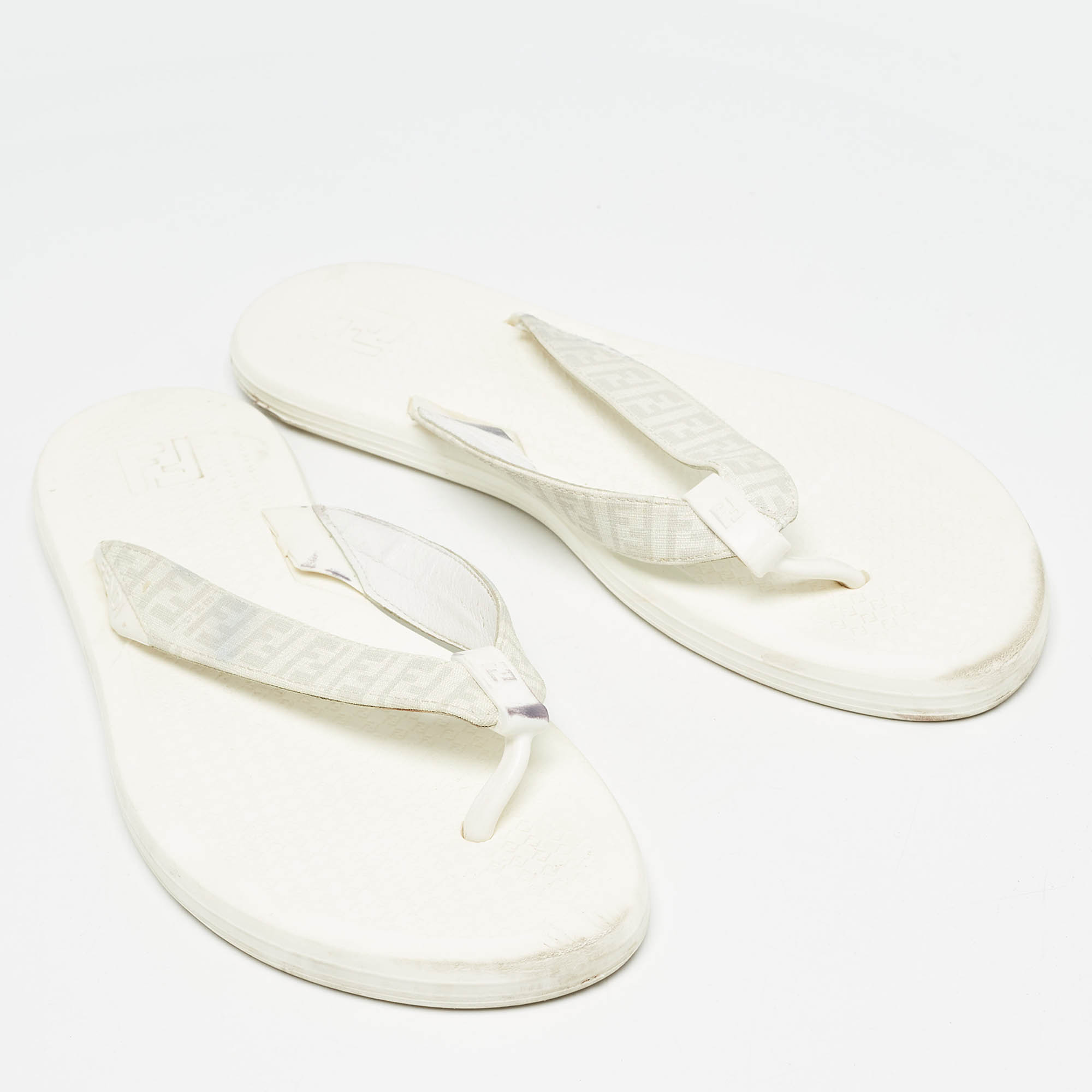 Fendi White Zucca Coated Canvas Thong Sandals Size  45