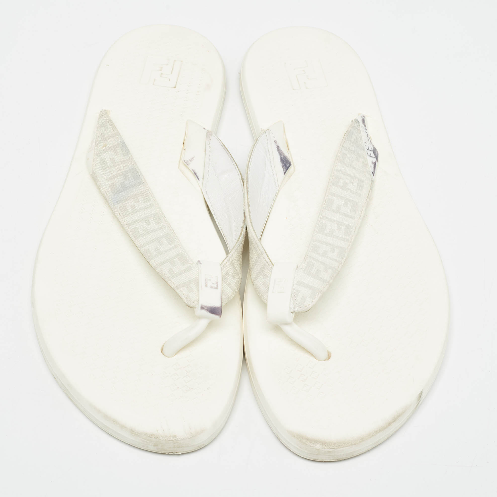 Fendi White Zucca Coated Canvas Thong Sandals Size  45