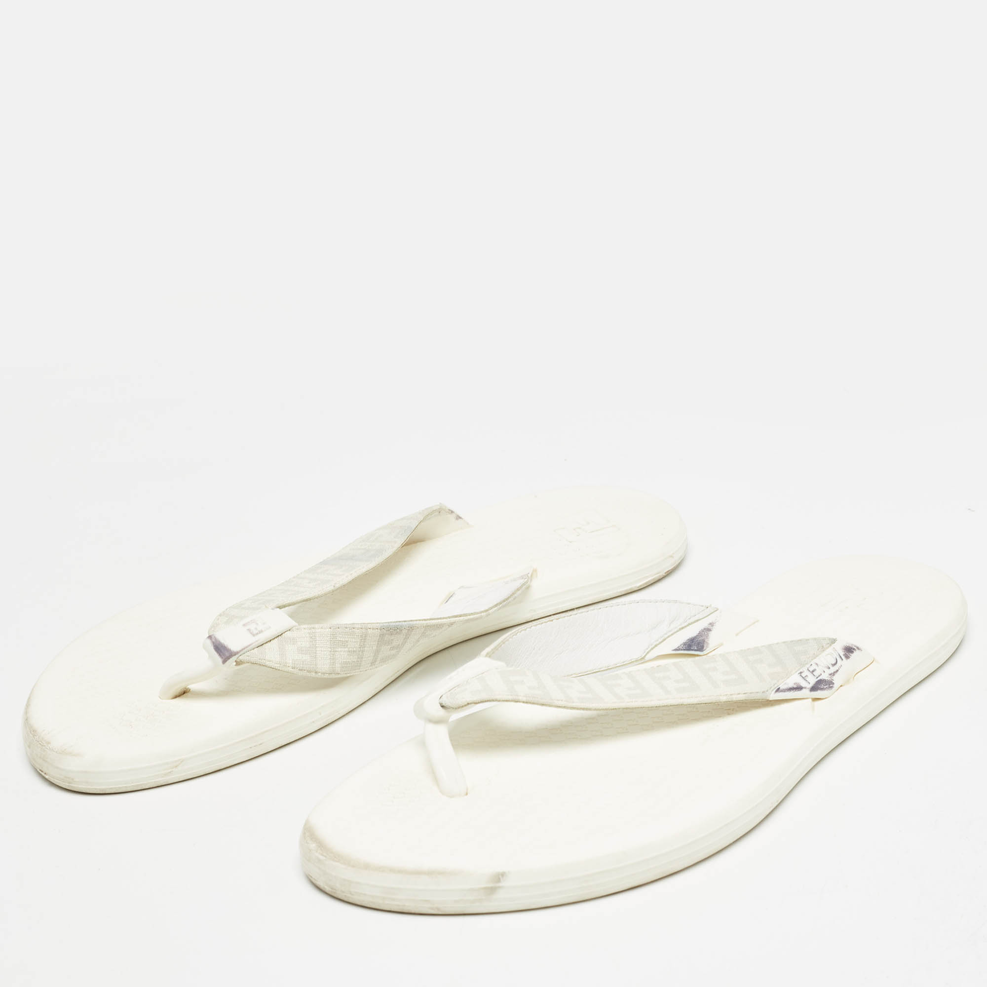 Fendi White Zucca Coated Canvas Thong Sandals Size  45