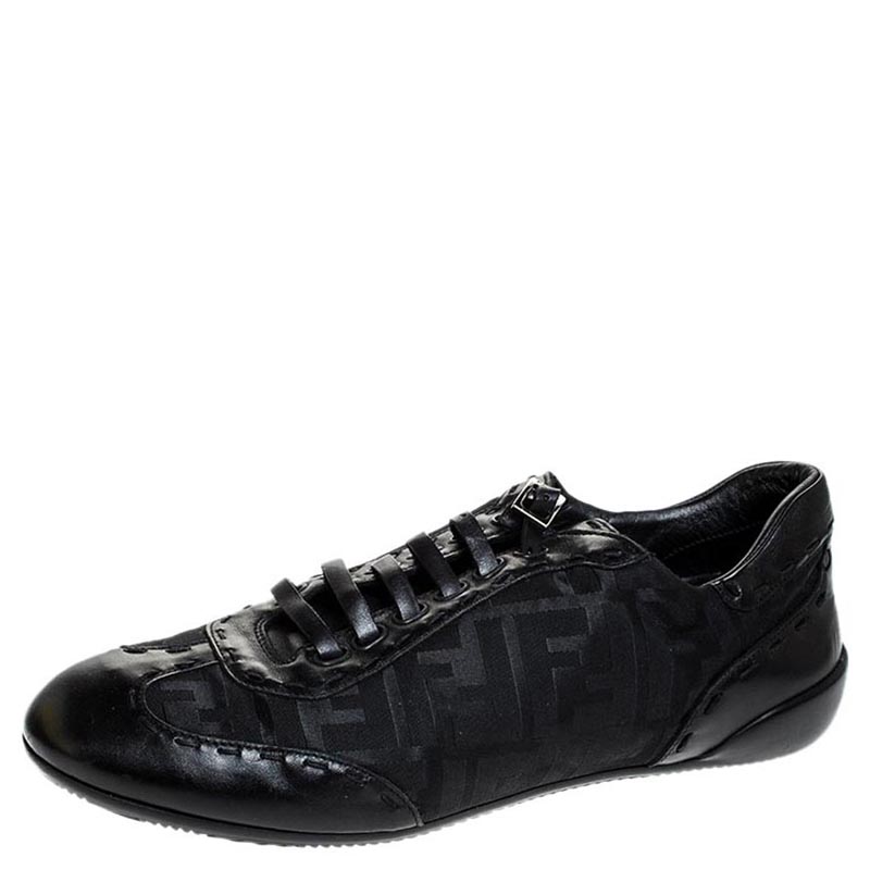 Image of Fendi Black Zucca Canvas and Leather Trim Lace Up Sneakers Size