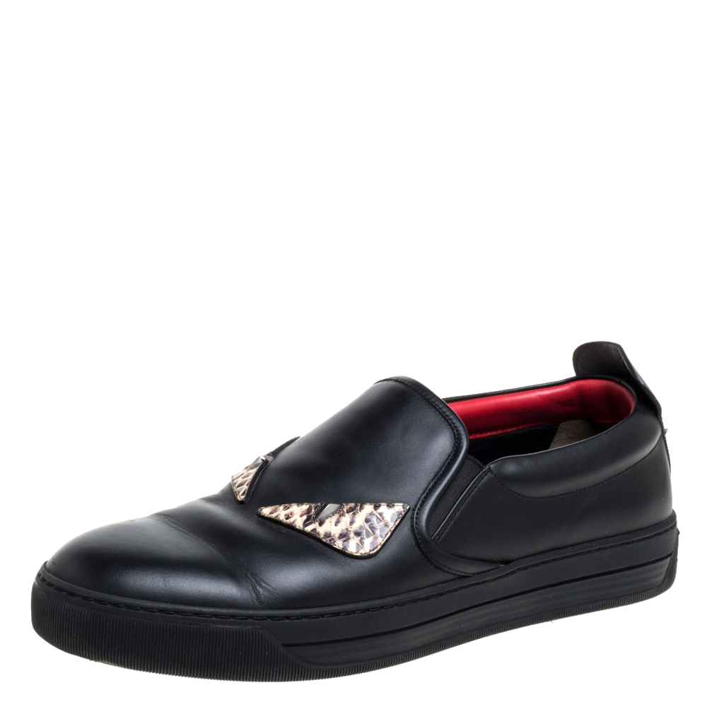Image of Fendi Black Leather And Snakeskin Trim Monster Spikes Slip On Sneakers Size