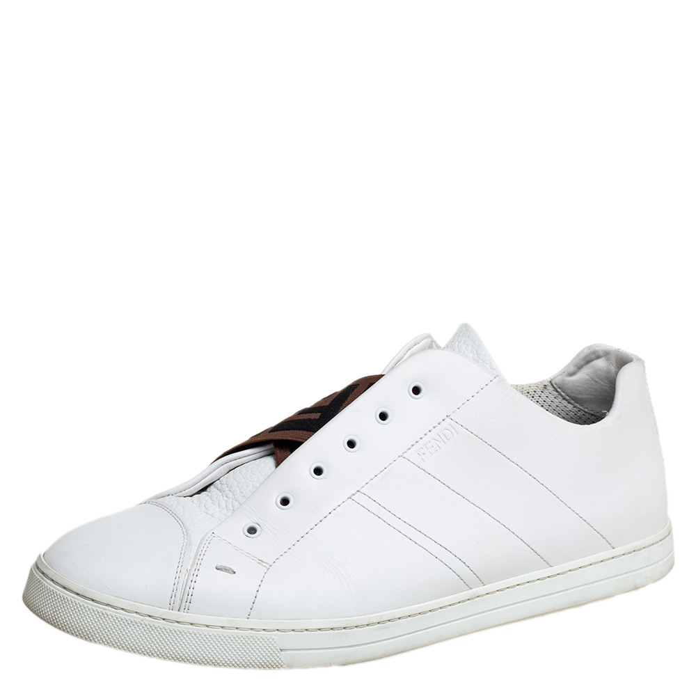 Fendi White Leather FF Crisscross Strap Slip On Sneakers Size 44