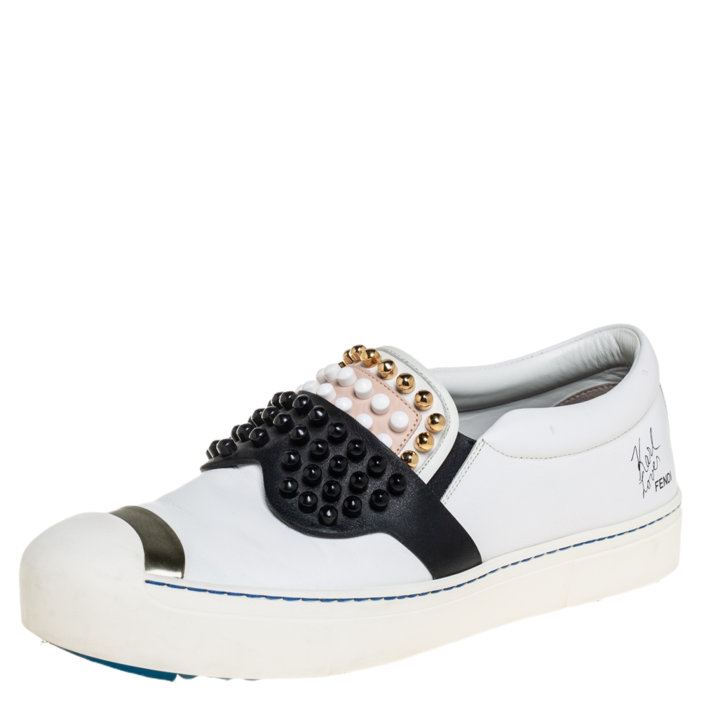 Fendi White/Black Leather Studded Karlito Slip On Sneakers Size 40