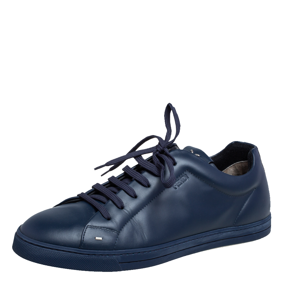 Fendi Navy Blue Leather Faces Low Top Sneakers Size 42