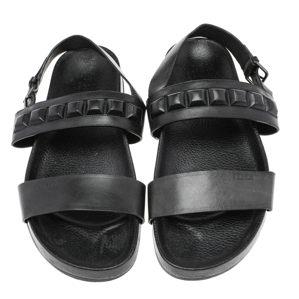 Fendi Black Leather Logo Flat Sandals Size 41