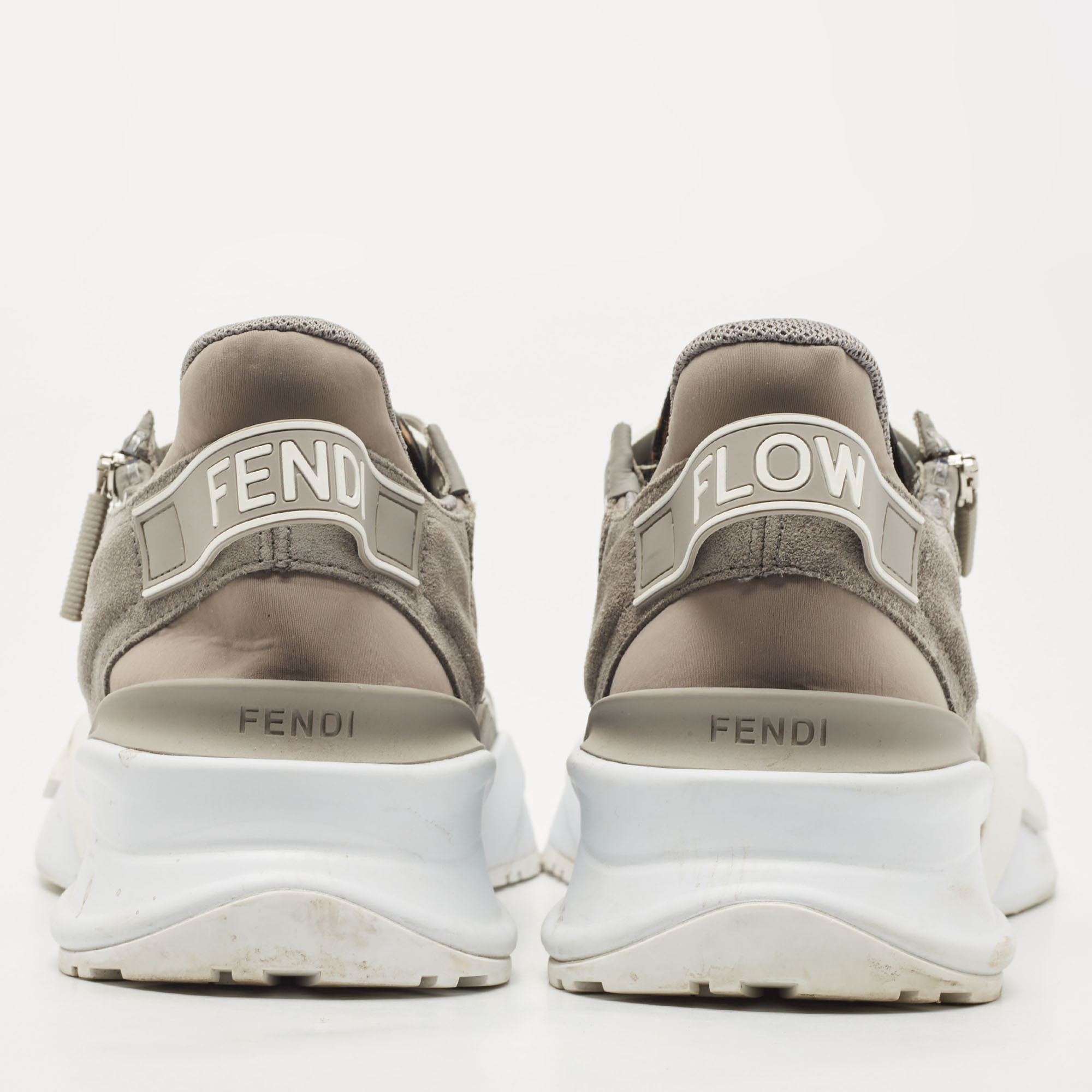 Fendi Grey Leather And Zucca Canvas Flow Sneakers Size 45