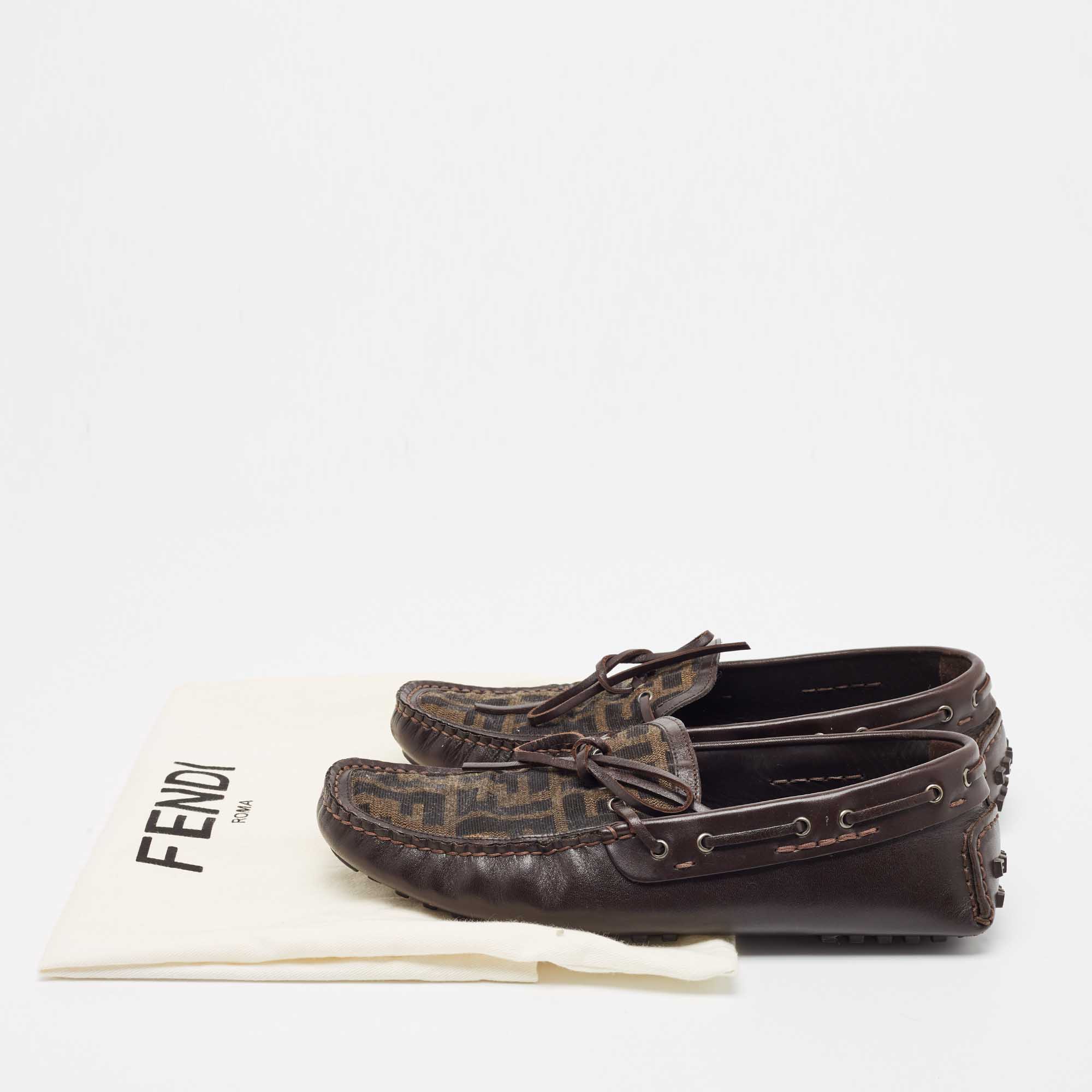 Fendi Brown Zucca Canvas And Leather Bow Loafers Size 40