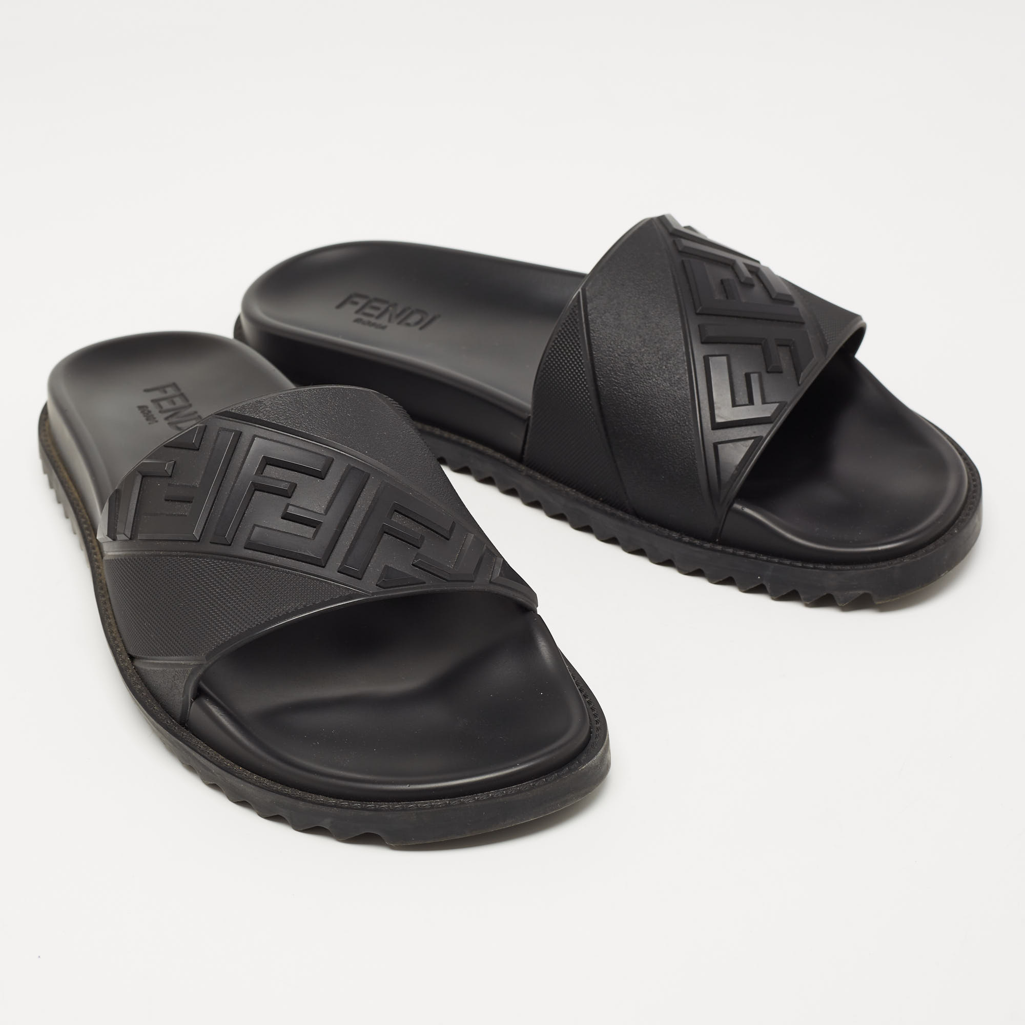 Fendi Black Rubber Embossed FF Logo Slides Size 46