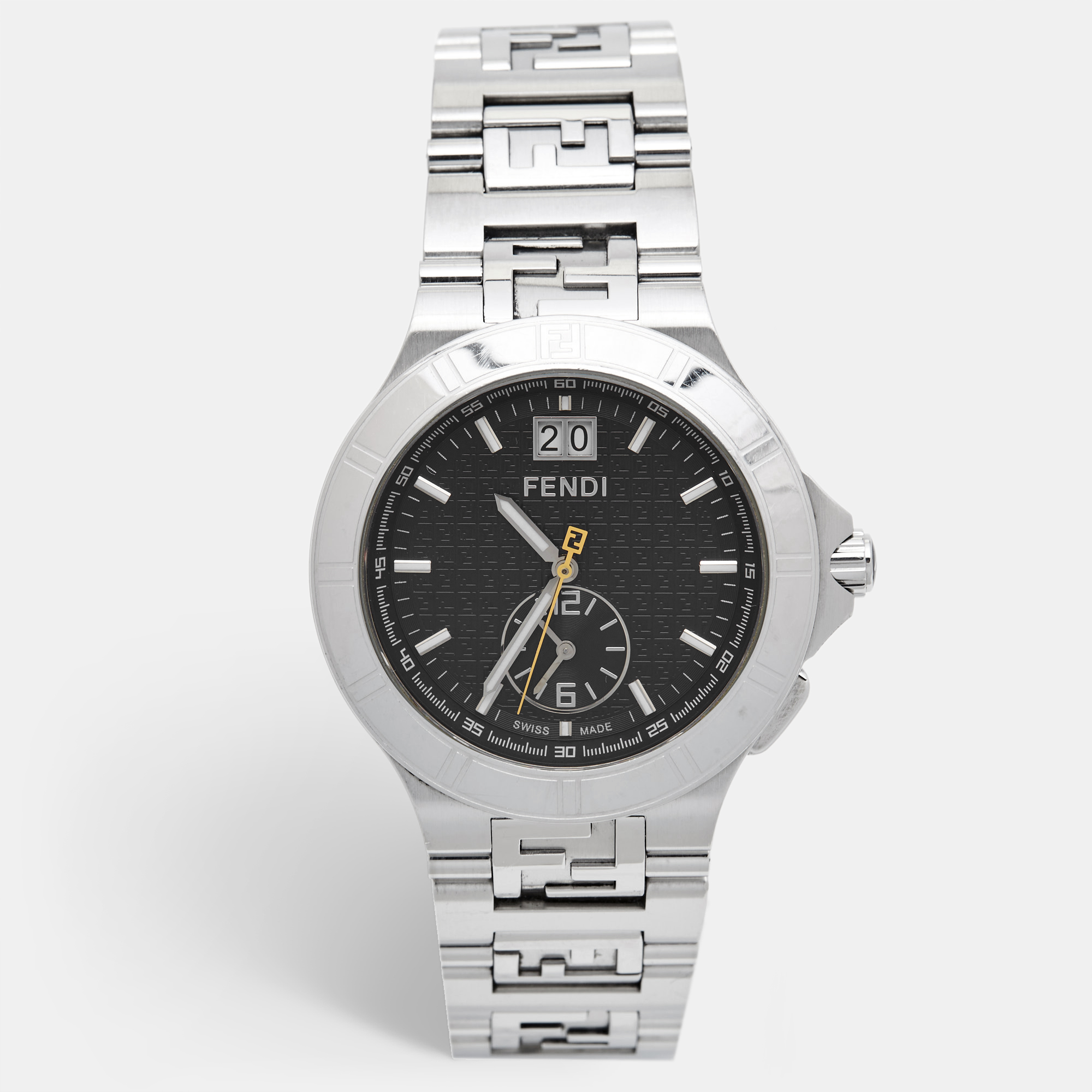 Fendi black stainless steel dual time high speed 4700g men's wristwatch 43 mm