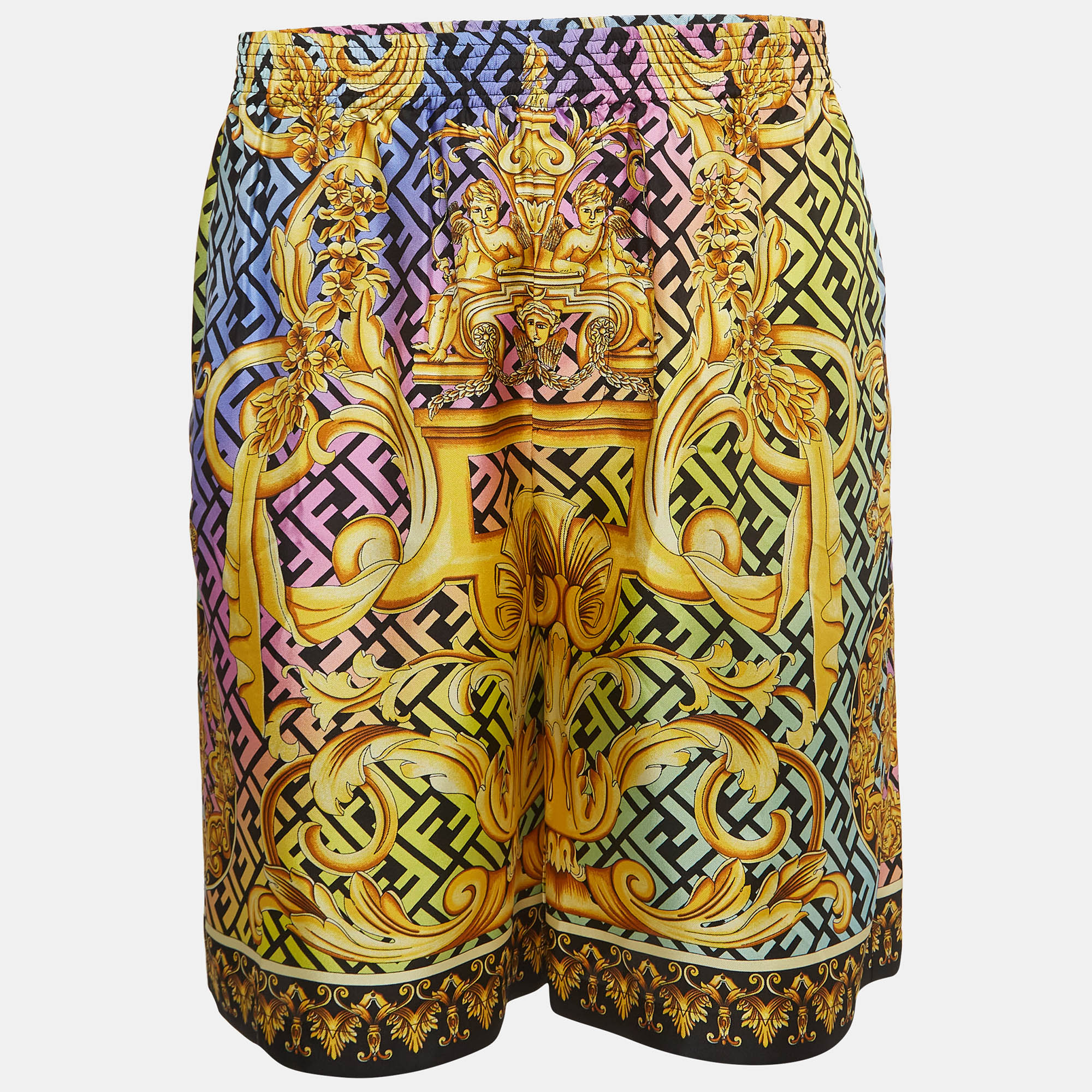 Fendi x versace monogram baroque print silk jogger shorts m