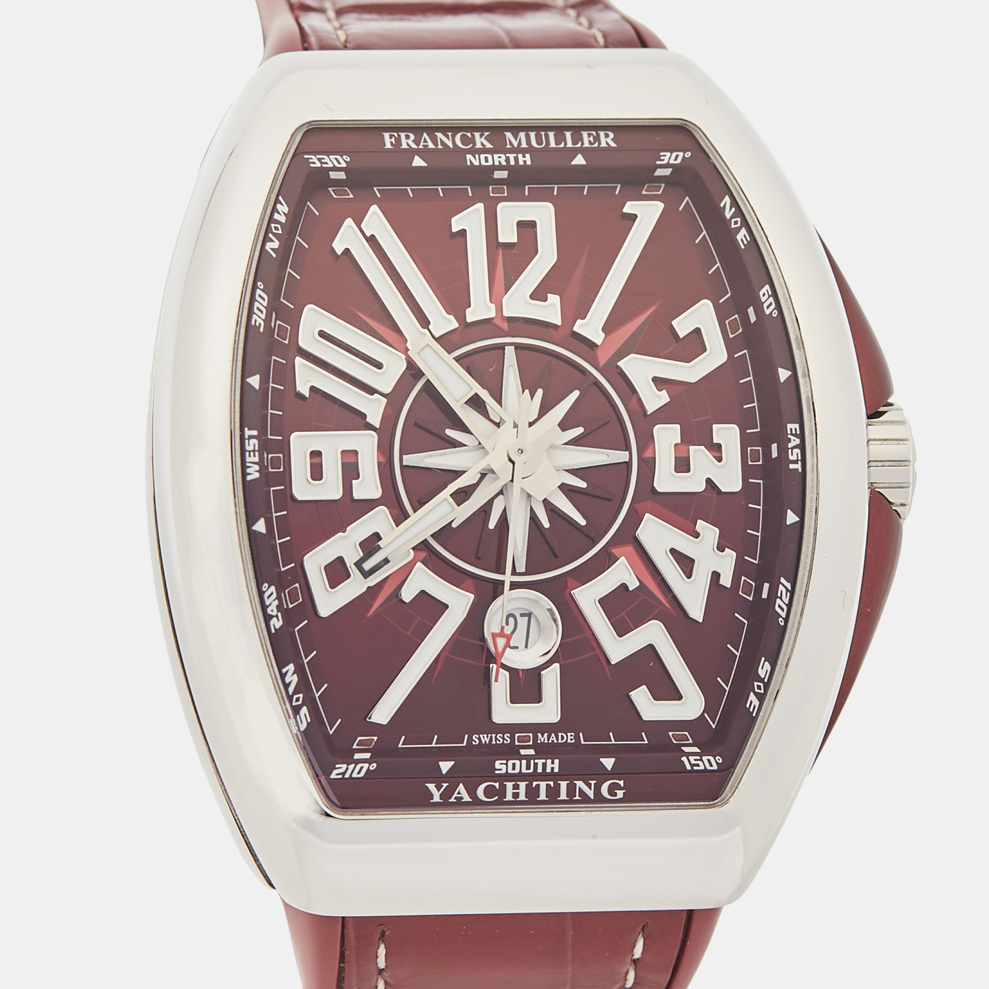 Franck Muller Burgundy Stainless Steel Rubber Alligator Leather Vanguard Yachting V 45 SC DT AC BO Men's Wristwatch 45 Mm