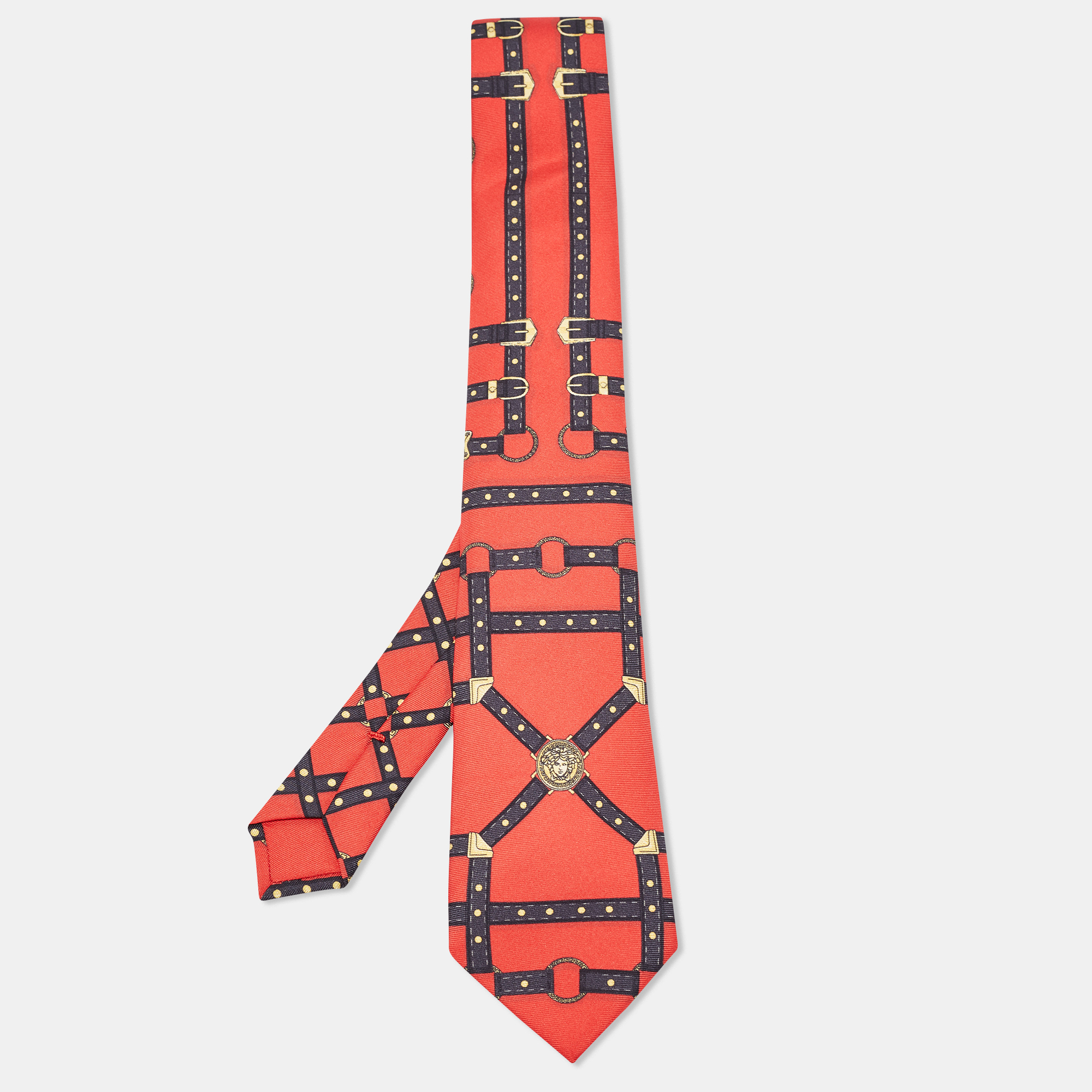 Gianni Versace Red Medusa Harness Print Silk Tie