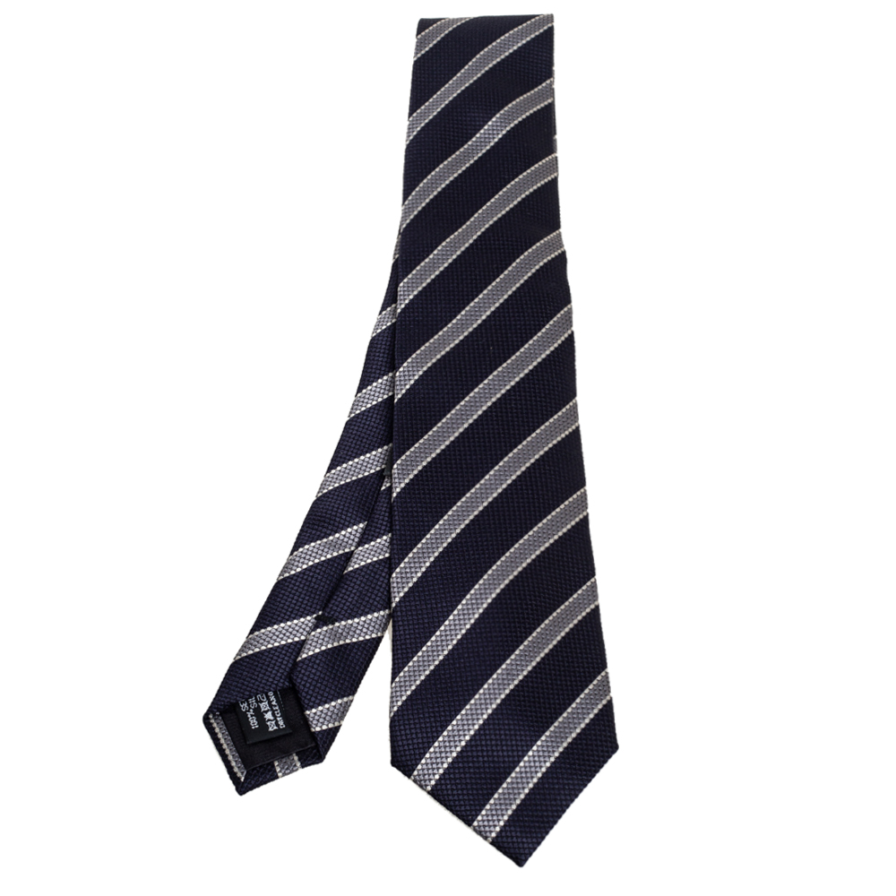 Giorgio Armani Navy Blue Striped Jacquard Silk Tie