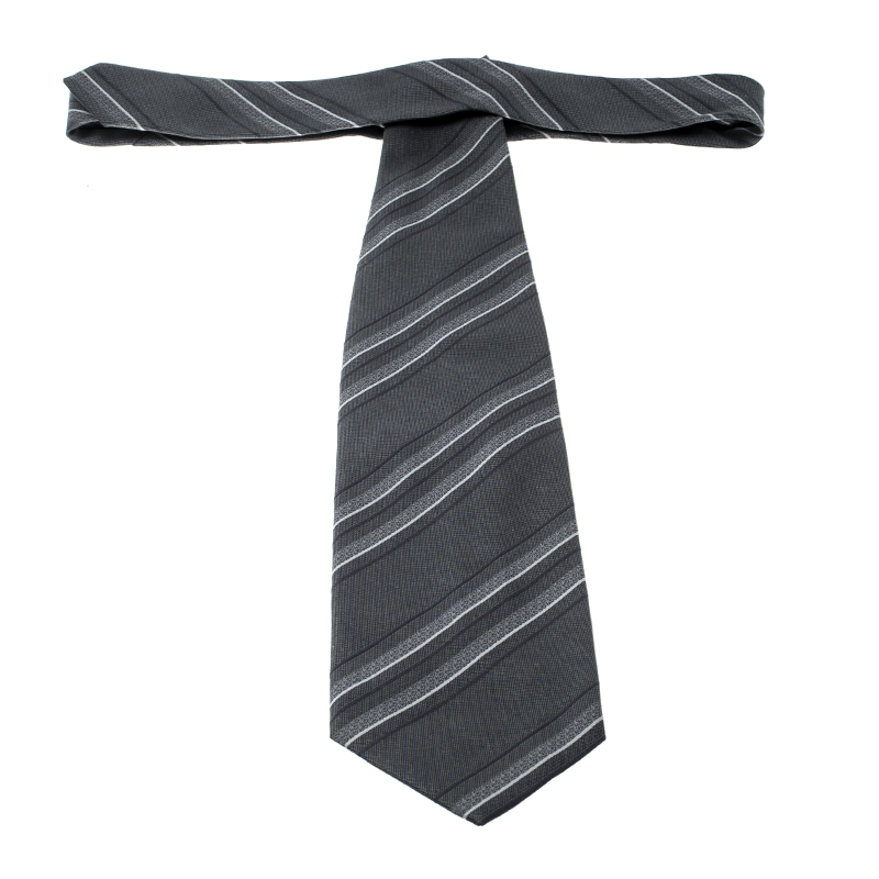 Giorgio Armani Grey Horizontal Striped Silk Jacquard Tie