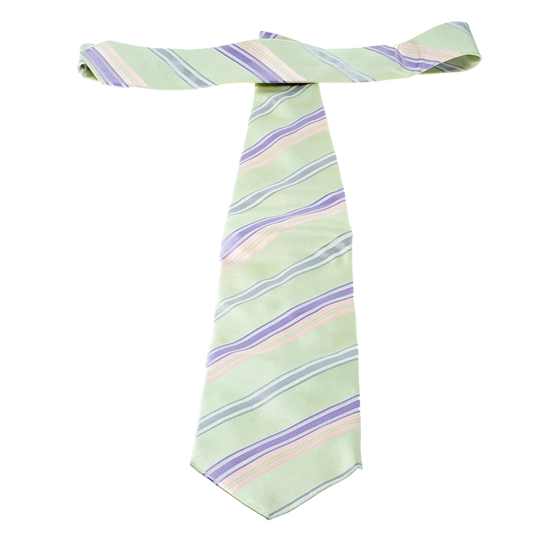 Giorgio Armani Green Contrast Diagonal Striped Traditional Silk Tie