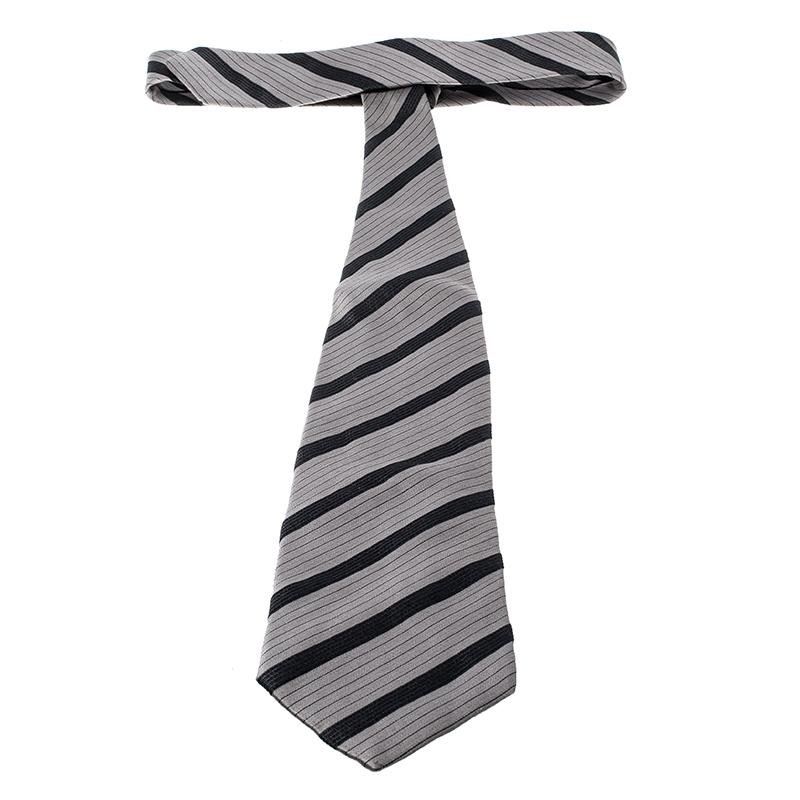 Giorgio Armani Grey Diagonal Striped Silk Jacquard Tie