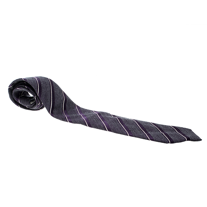 Giorgio Armani Purple Diagonal Striped Silk Wool Traditional Tie