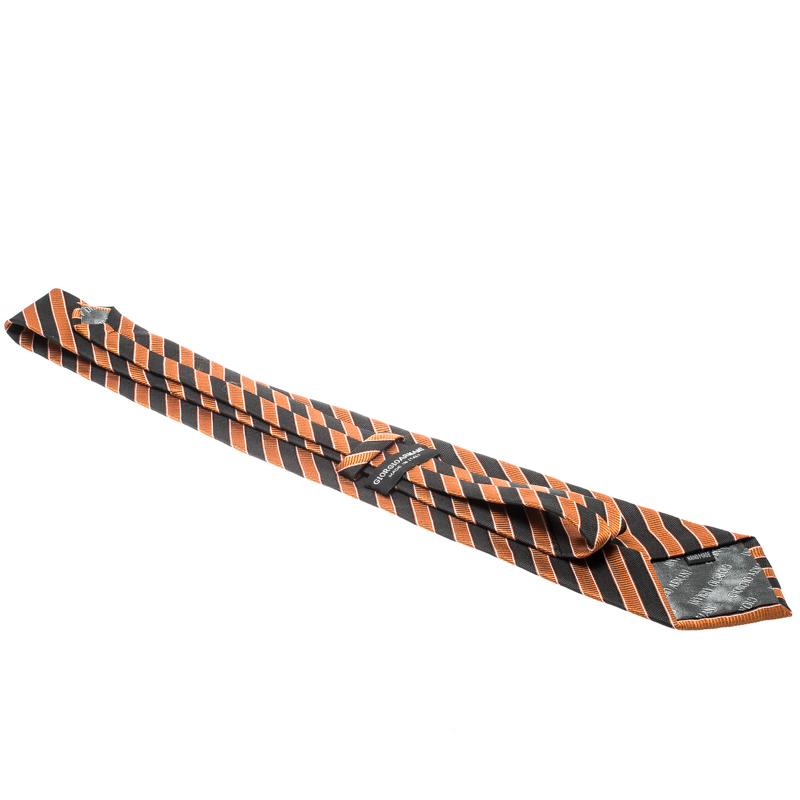 Giorgio Armani Vintage Orange And Black Diagonal Striped Silk Jacquard Tie