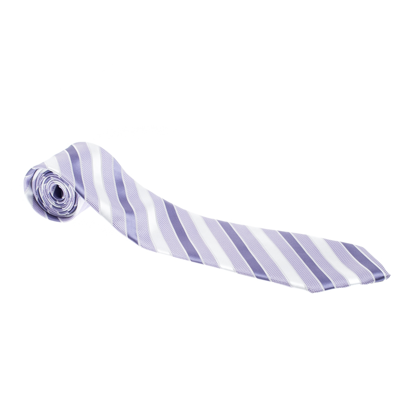 Giorgio Armani Vintage Lilac And White Diagonal Striped Silk Jacquard Tie