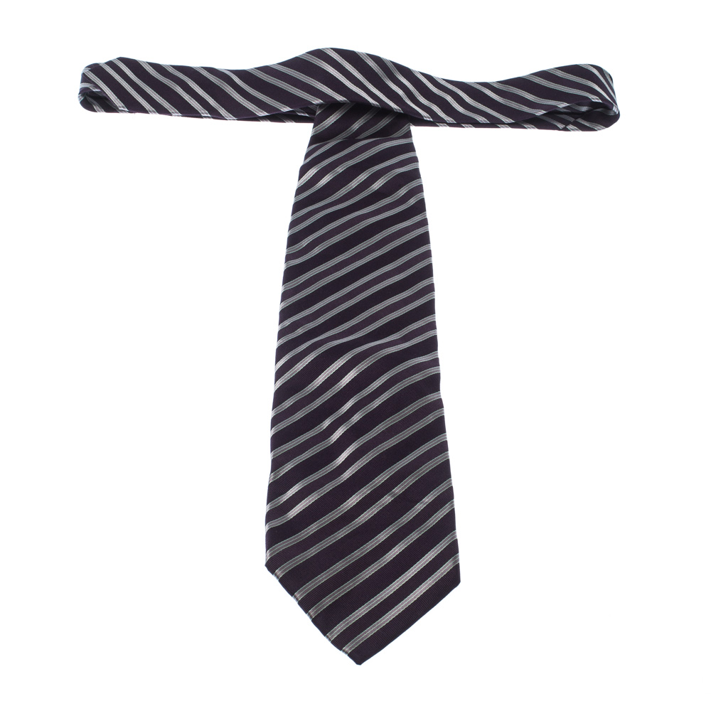 Giorgio Armani Dark Purple Diagonal Stripes Silk Jacquard Traditional Tie