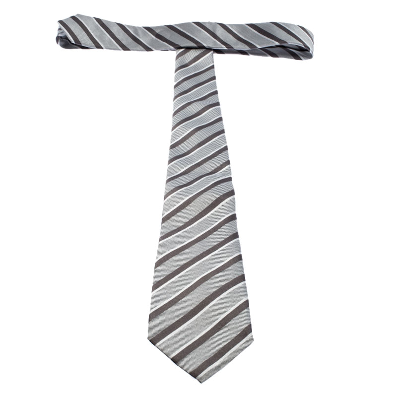 Giorgio Armani Grey Diagonal Striped Silk Jacquard Classic Tie