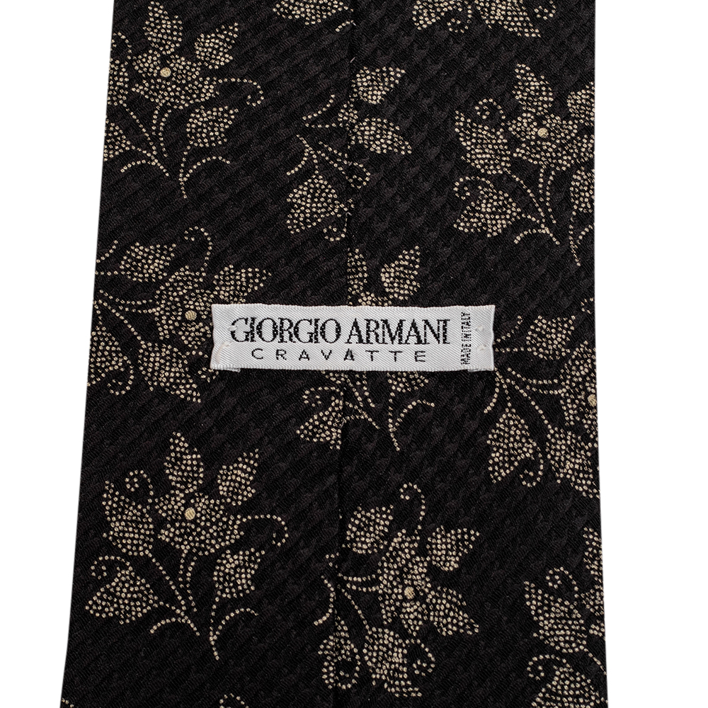 Giorgio Armani Black Floral Print Textured Silk Blend Traditional Tie