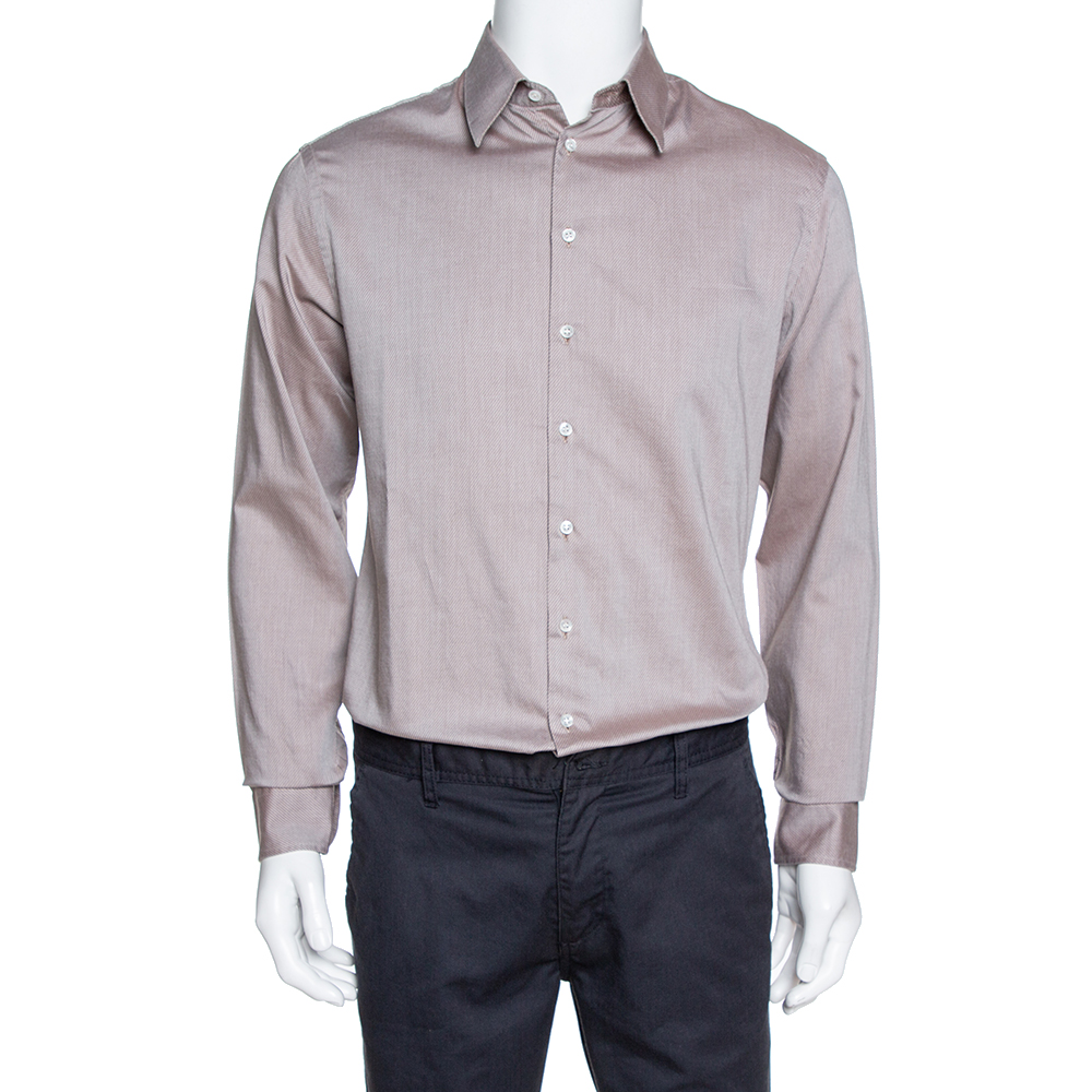 Image of Giorgio Armani Brown Diagonal Striped Cotton Long Sleeve Shirt M