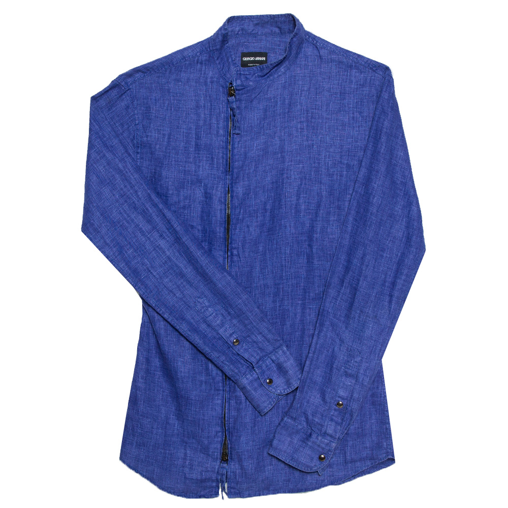 Giorgio Armani Blue Linen Stand Collar Zipper Front Shirt S