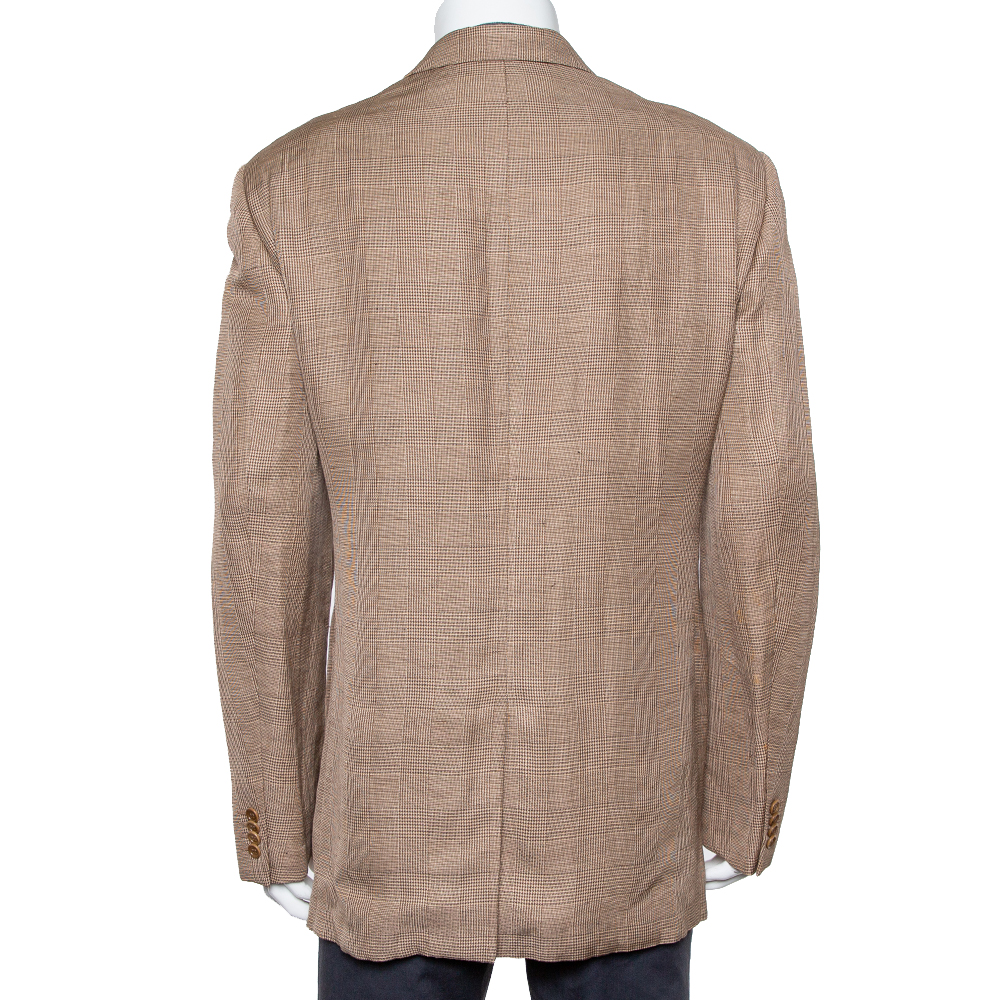 Giorgio Armani Brown Micro Check Patterned Linen Button Front Blazer 5XL