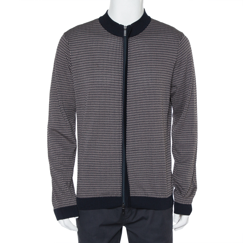 Giorgio Armani Navy Blue & Beige Patterned Knit Zipper Front Jacket XXL