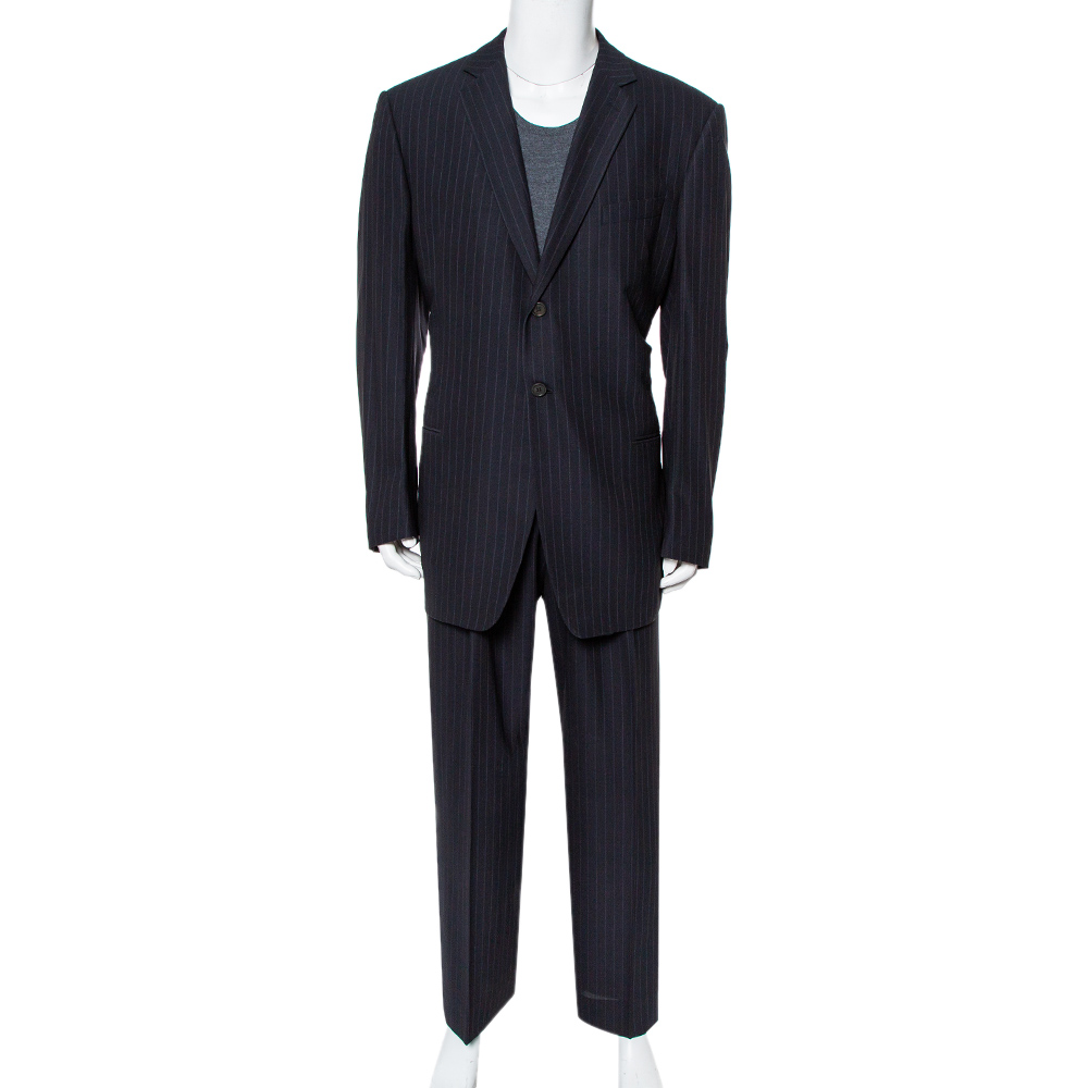 Giorgio armani classico midnight blue pinstriped wool & silk suit 5xl