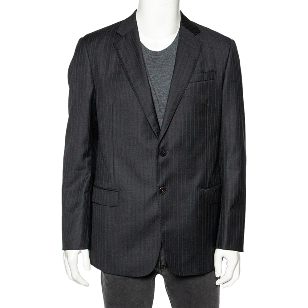 Giorgio Armani Charcoal Grey Striped Wool Single Breasted Soft Fit Blazer XL