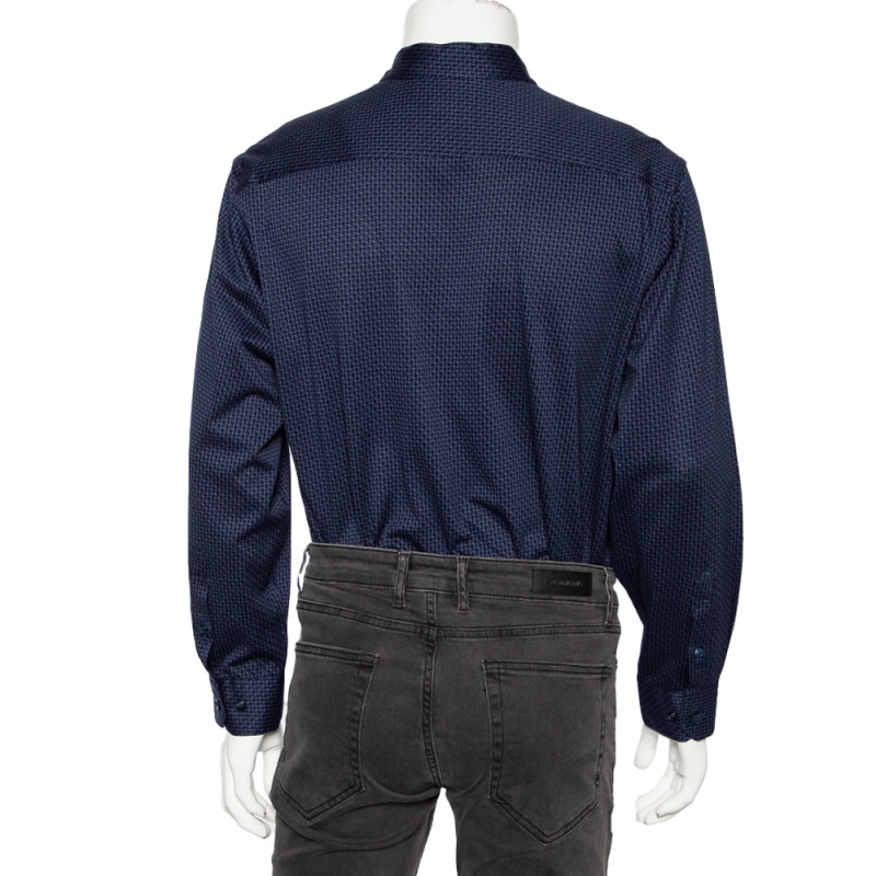 Giorgio Armani Navy Blue Printed Stretch Cotton Button Front Shirt 4XL