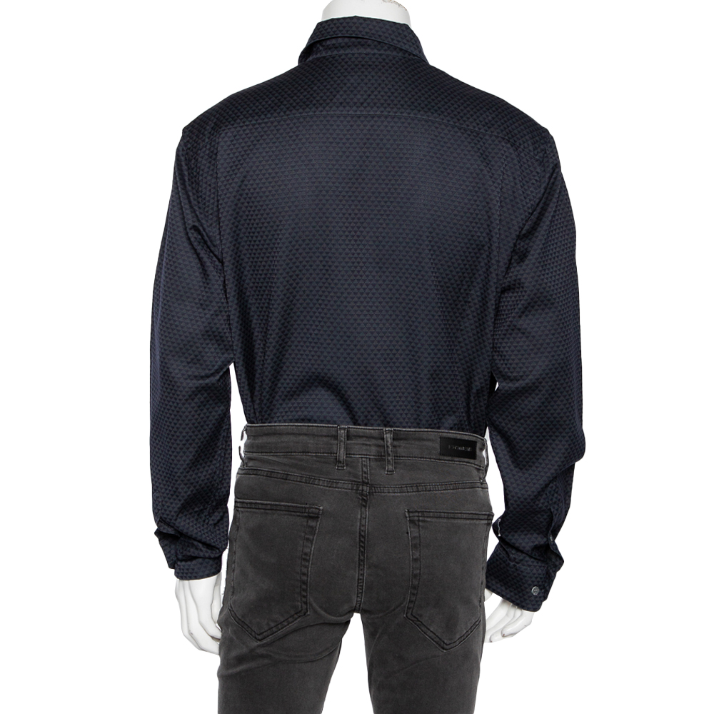 Giorgio Armani Navy Blue & Grey Printed Cotton Button Front Shirt 4XL
